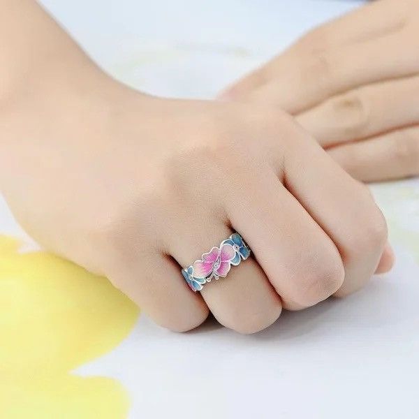 Jewelry × Sterling Silver × Vintage Exquisite Pink Blue Enamel Butterfly Vintage 925 Silver Ring Size ONE SIZE - 3 Thumbnail