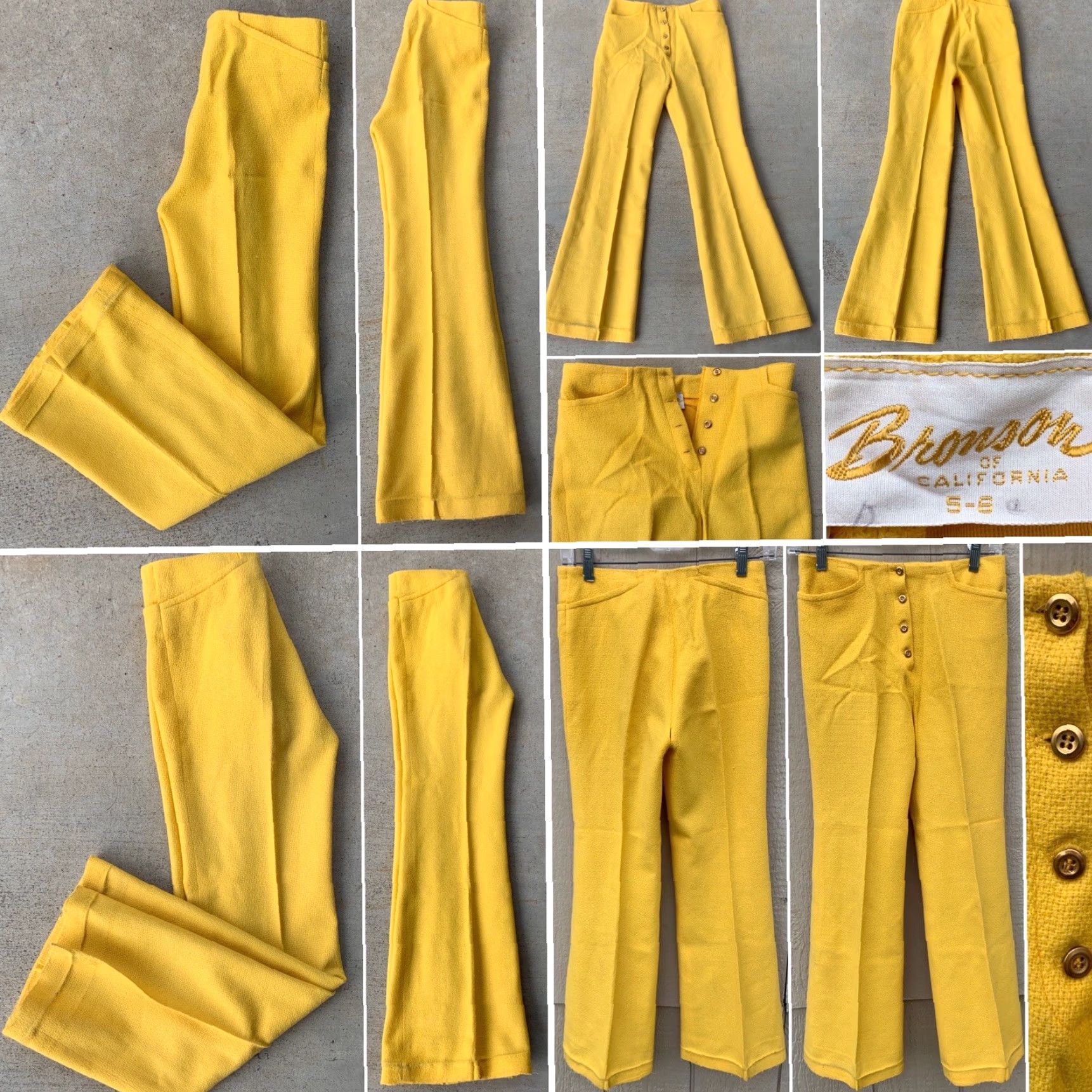 Bell VINTAGE Bronson Of California Button Fly Hip Hugger Bell Bottom Pants 1960s 27.5 in Waist 13 3/4” Hip 17 1/2” Inseam 27 3/8” Yellow Womens/Boys? Size 28" / US 6 / IT 42 - 2 Thumbnail