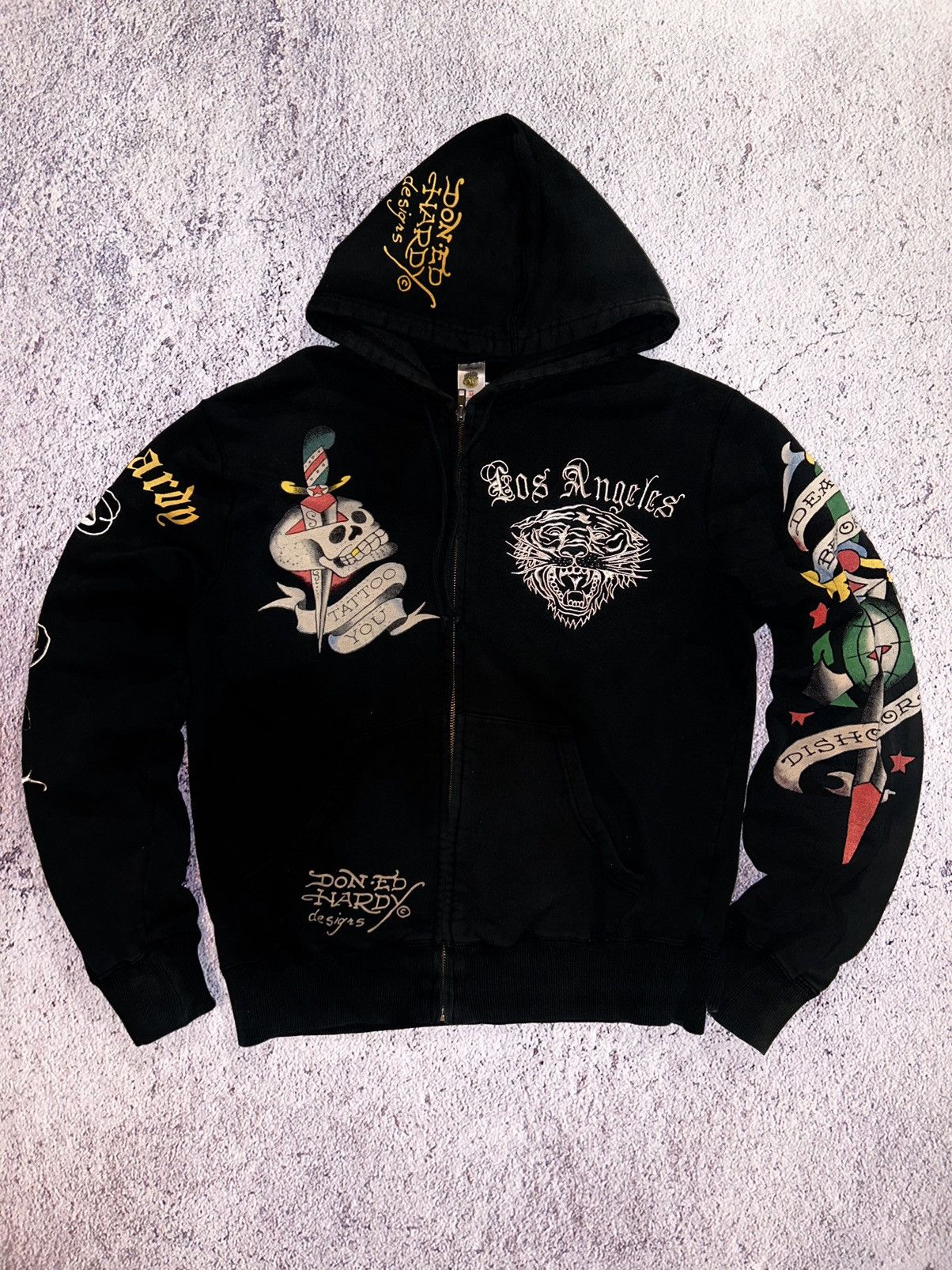 image of Christian Audigier x Ed Hardy Vintage Ed Hardy Los Angeles Zip Hoodie Logo Size M in Black, Men's