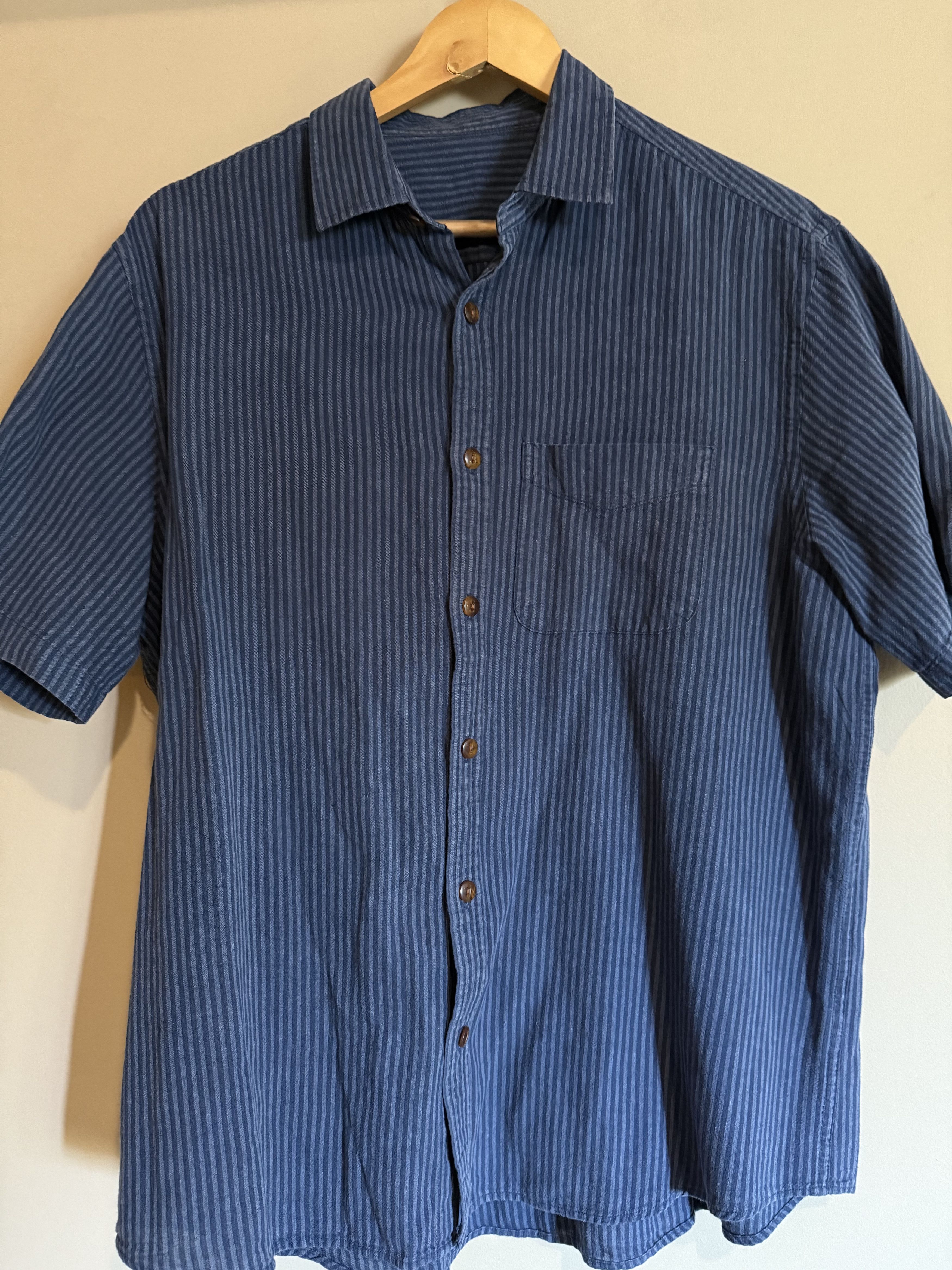 Other Blue Hickory Striped Linen Blend S/S Shirt, Men's Large Size US L / EU 52-54 / 3 - 1 Thumbnail