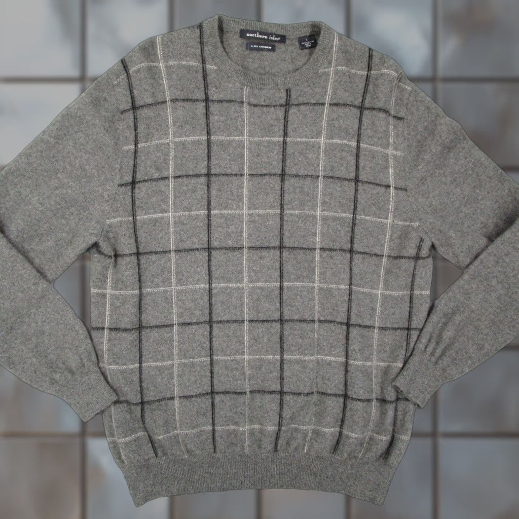 Vintage Northern Isles Mens Cashmere Sweater Large Gray Windowpane Plaid Crewneck 2-Ply Size US L / EU 52-54 / 3 - 1 Thumbnail
