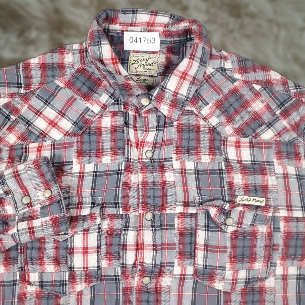 Lucky Brand Lucky Brand Flannel Shirt Mens Large Red Gray Plaid Long Sleeve Western Pearl Snap Button Size US L / EU 52-54 / 3 - 1 Thumbnail