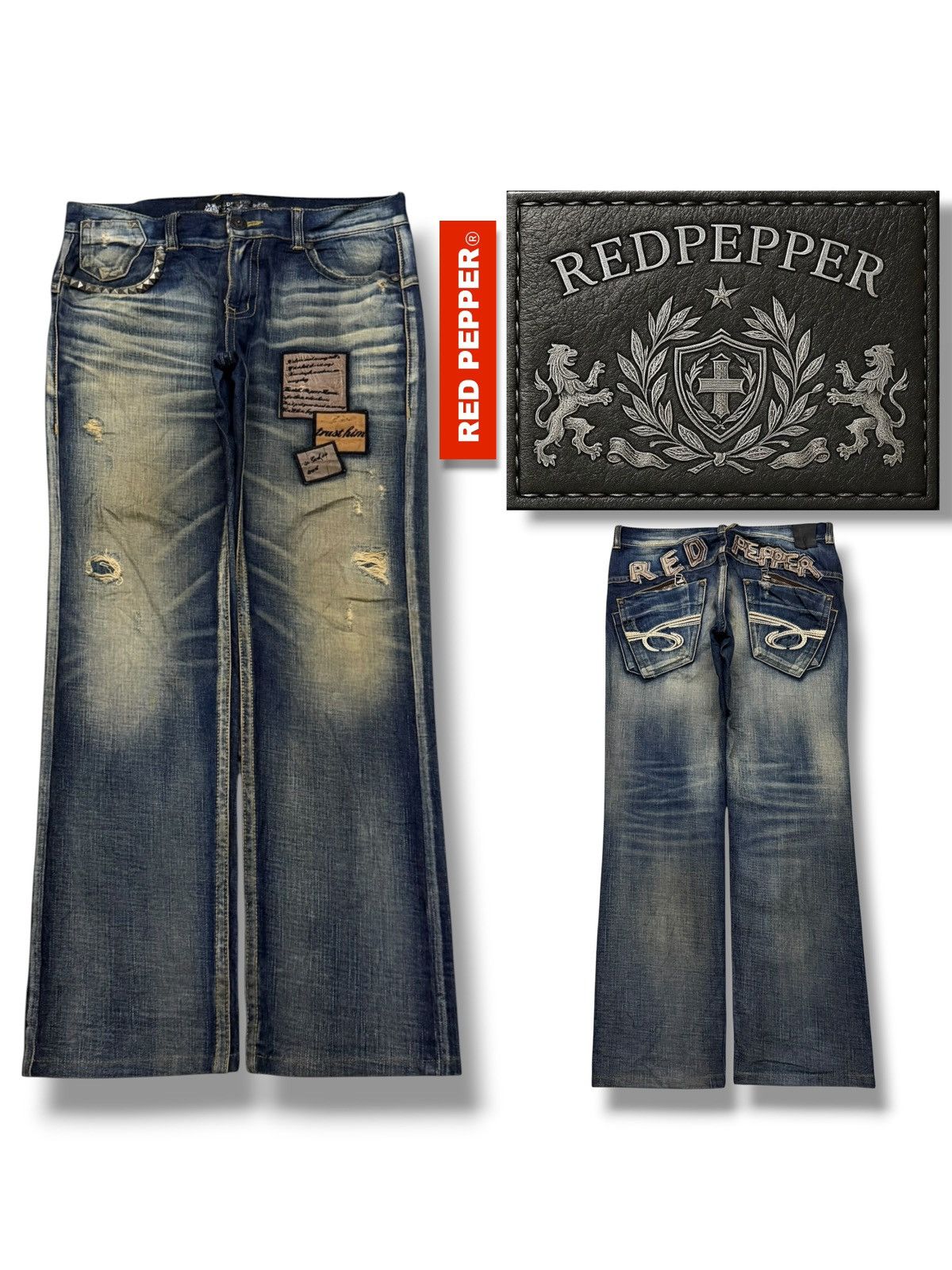 Japanese Brand Vintage Red Pepper Japan & Co | Y2K Heavy Fade Studded | W35 Size US 35 - 1 Thumbnail