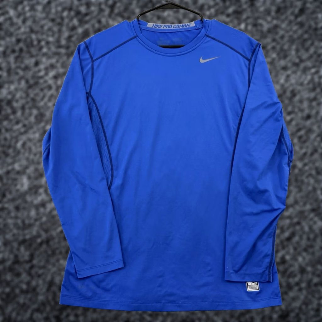 Nike Nike Pro Combat Dri-FIT Long Sleeve T-Shirt Mens XL Blue Solid Mock Neck Pullover Logo Performance/Activity Gym & Training Runs Size US XL / EU 56 / 4 - 1 Thumbnail