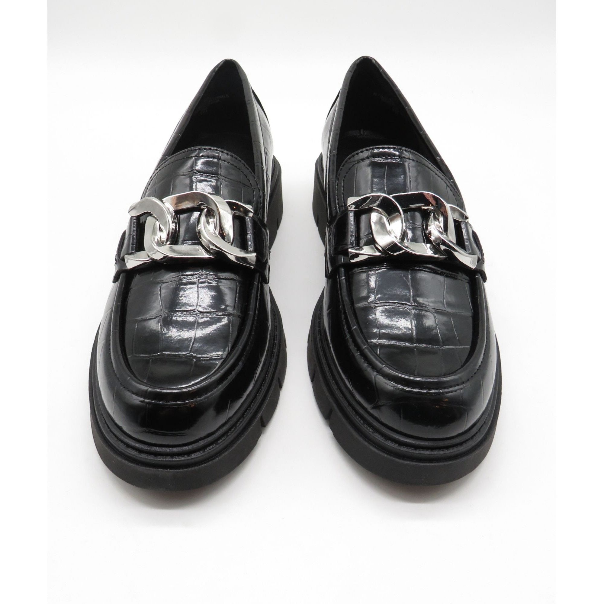 Marc Fisher Marc Fisher Corel Womens Black Croc-Embossed Loafers Chain D Size US 8 / IT 38 - 3 Thumbnail