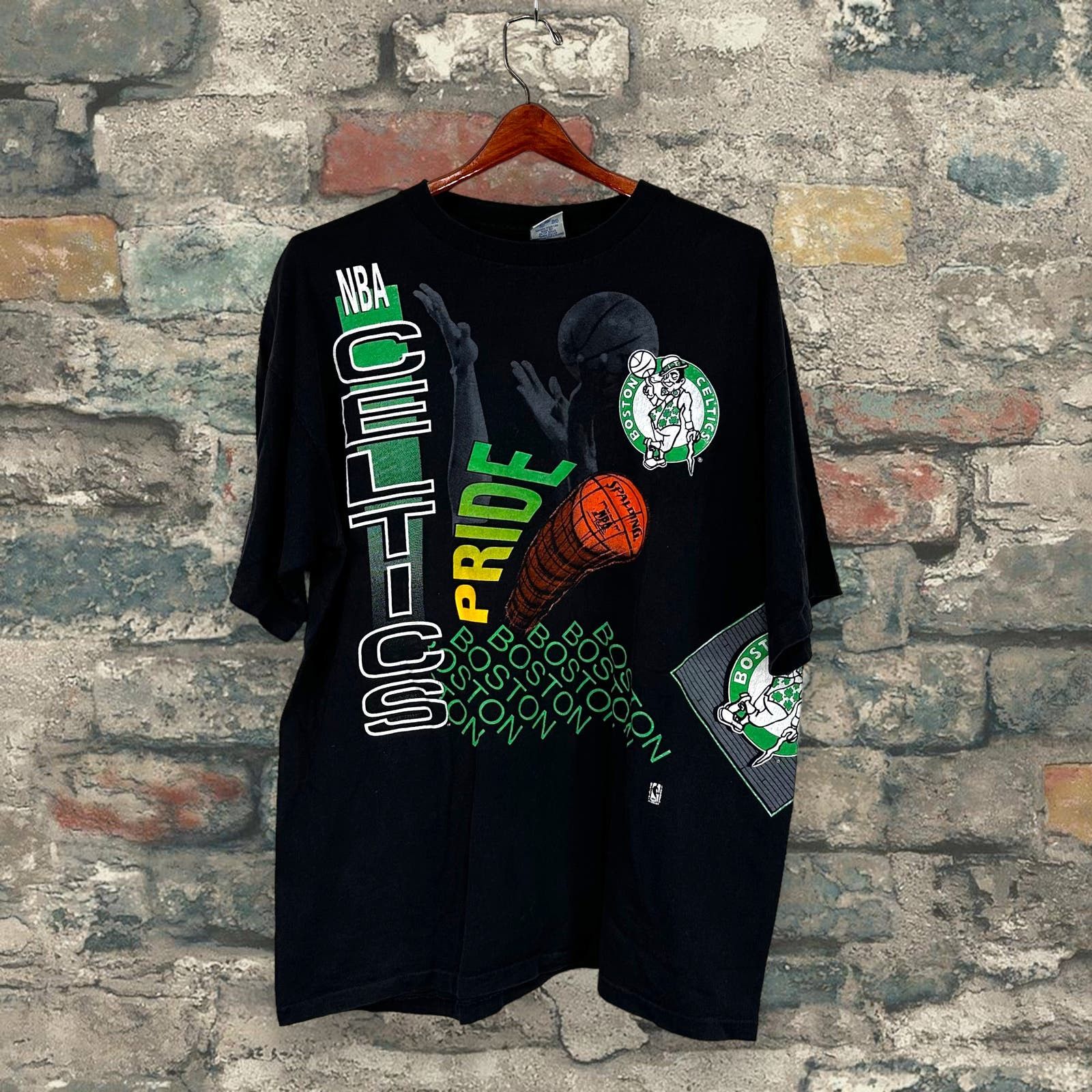 image of Vintage Celtics All Over Print Shirt Made In Usa Boston 90's in Black, Men's (Size XL)