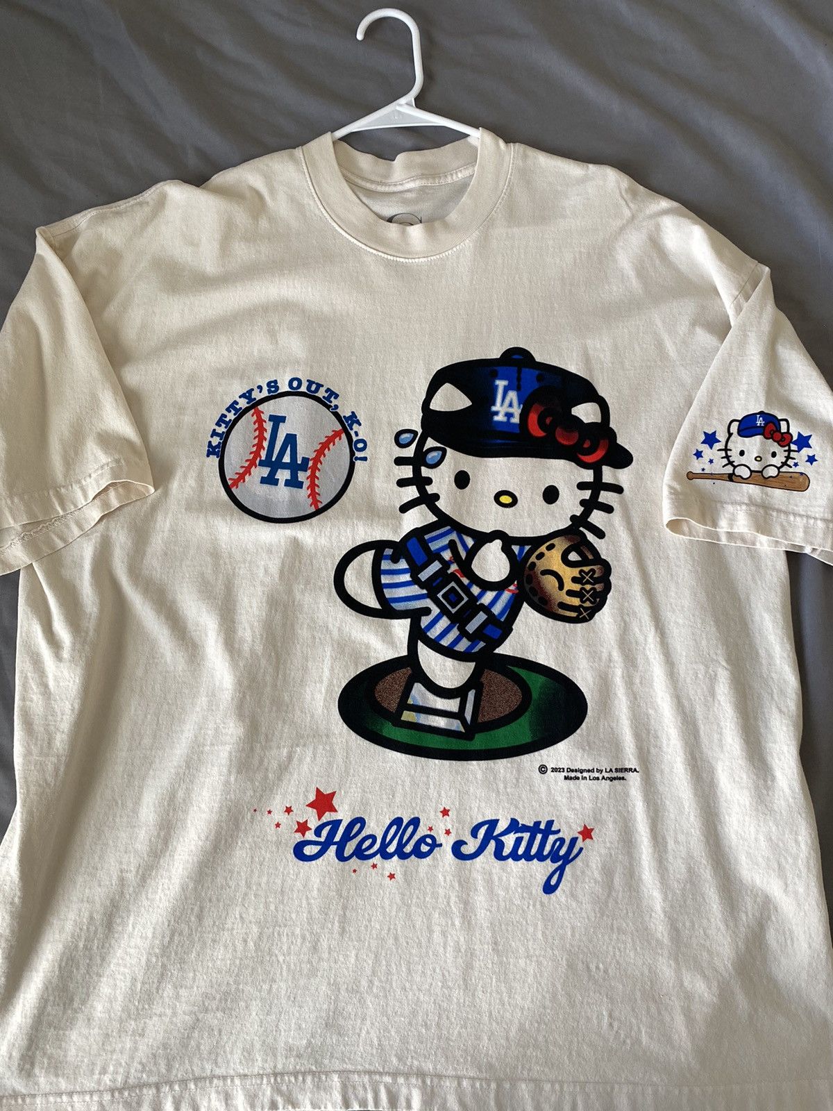 image of La Dodgers x Los Angeles Dodgers Hello Kitty Dodgers T Shirt By La Sierra in Cream, Men's (Size 2XL