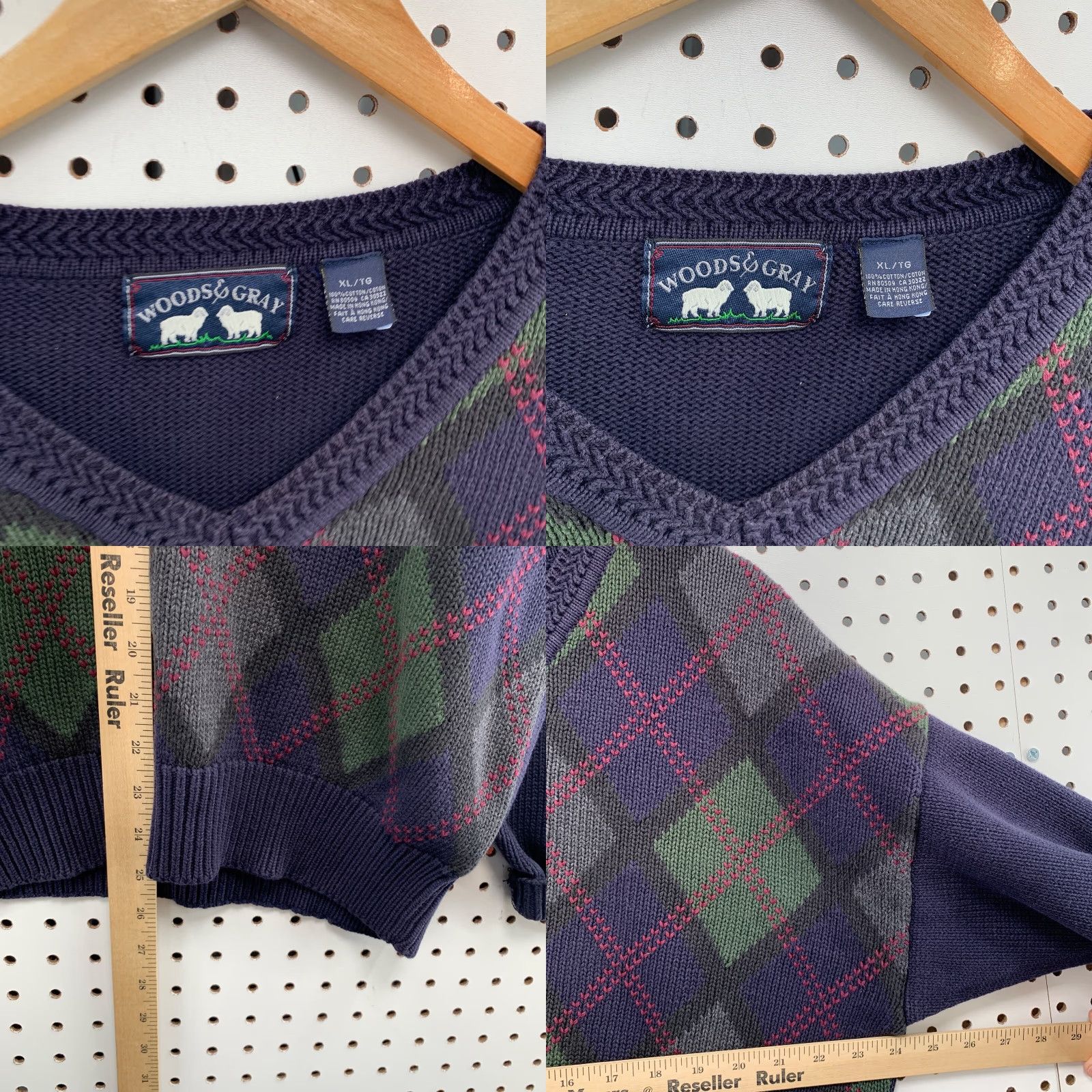 Vintage VINTAGE Woods & Gray Plaid Knit Sweater Mens XL Blue Argyle V-Neck Pullover - Knit Sweater Pattern: Argyle/Diamond Keeps Warm? Size US XL / EU 56 / 4 - 8 Thumbnail