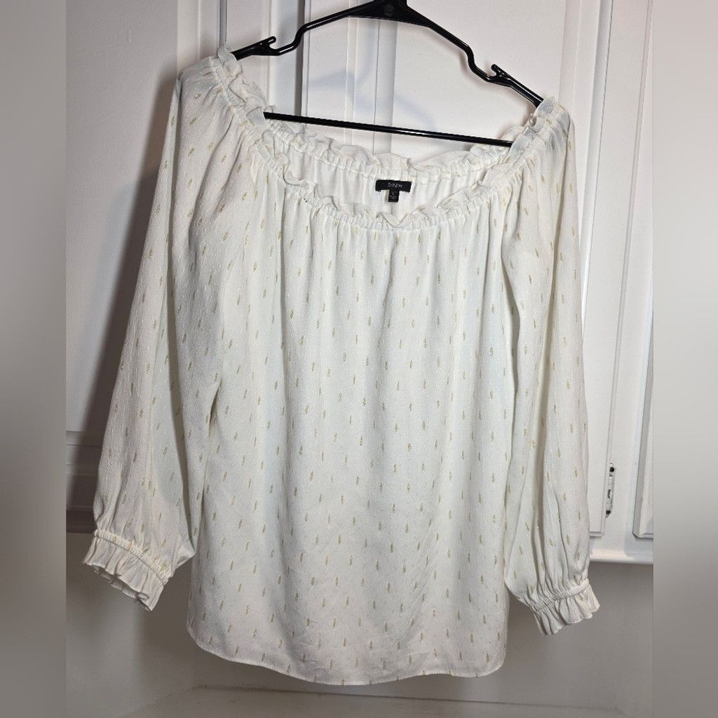 Drew Drew Off Shoulder White Blouse Gold Dot Textured Peasant Top Size L / US 10 / IT 46 - 2 Thumbnail