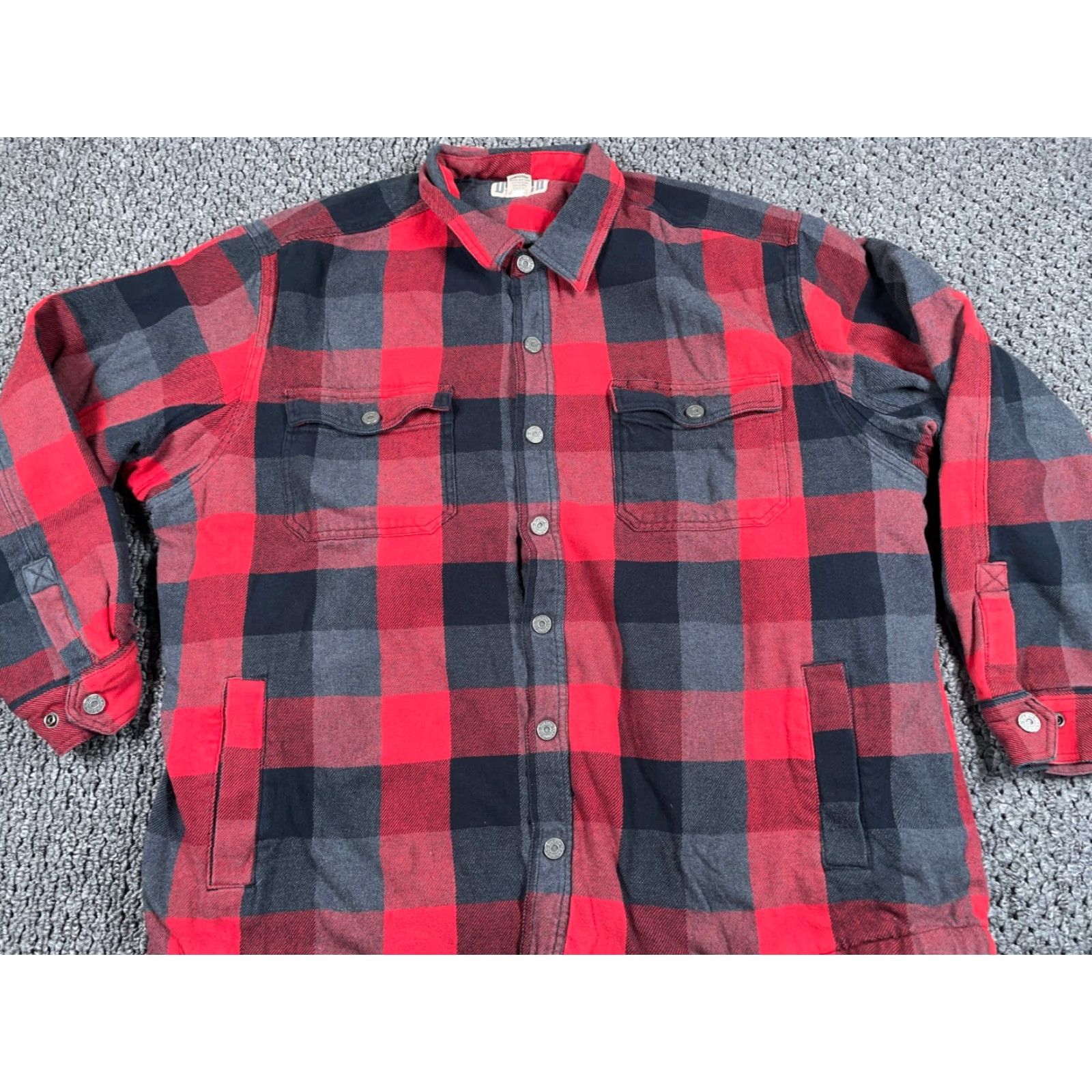 Duluth Jacket 2XL Red Black Gray Fleece Lined Flannel Heavy Snap Button Adult Coat Coat Length Short Casual Workwear Men's Regular