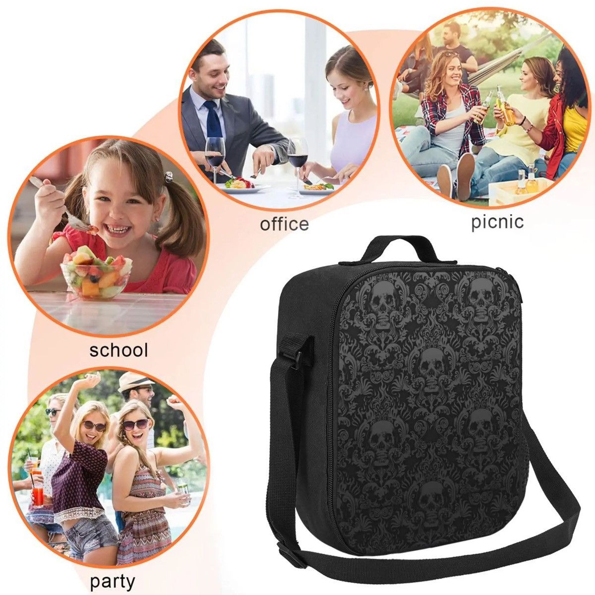 Designer Black Gothic Skull Damask Pattern Insulated Lunch Bag Size ONE SIZE - 6 Thumbnail