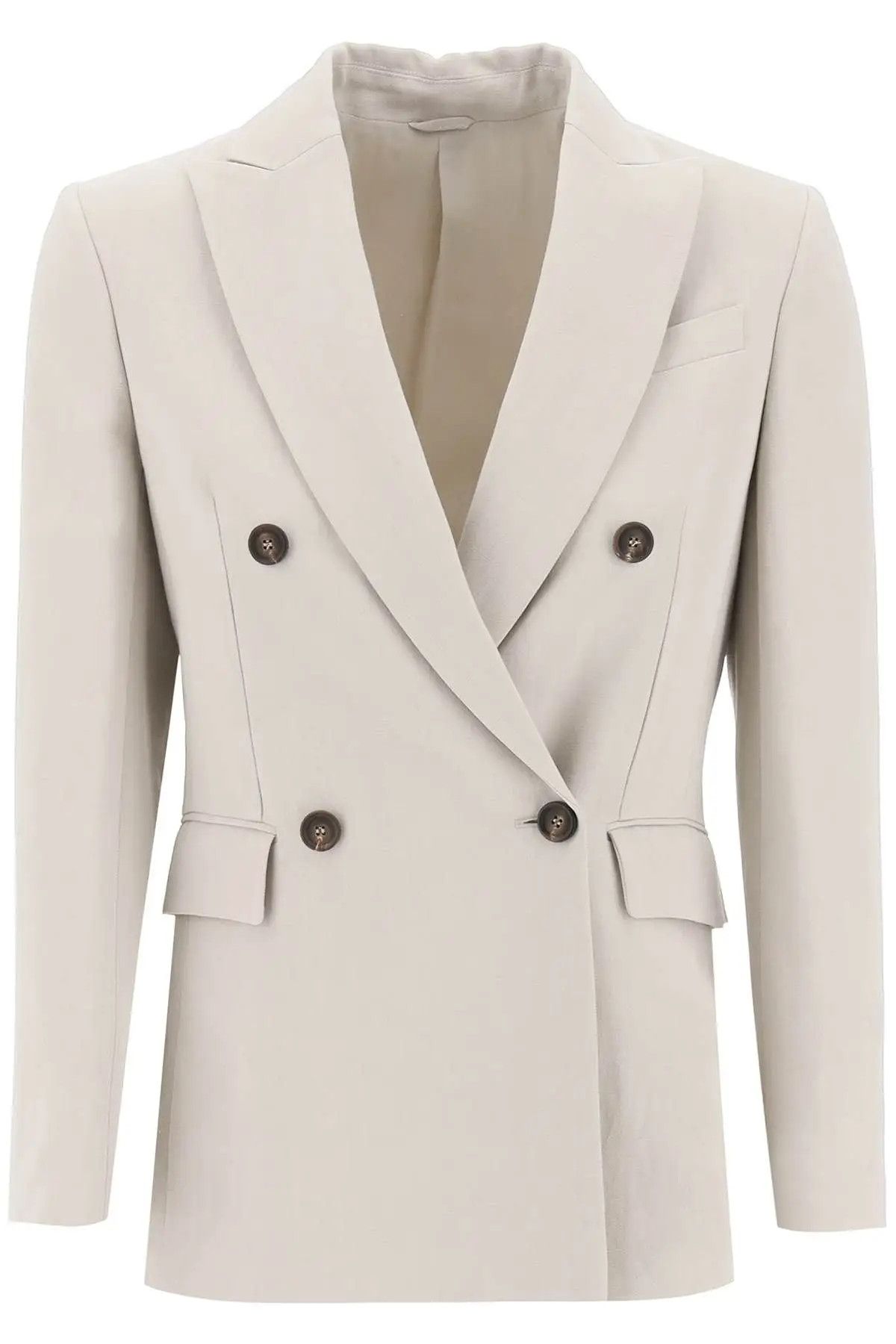 image of Brunello Cucinelli O1S22I1N0424 Double-Breasted Twill Jacket In Beige, Women's (Size Small)