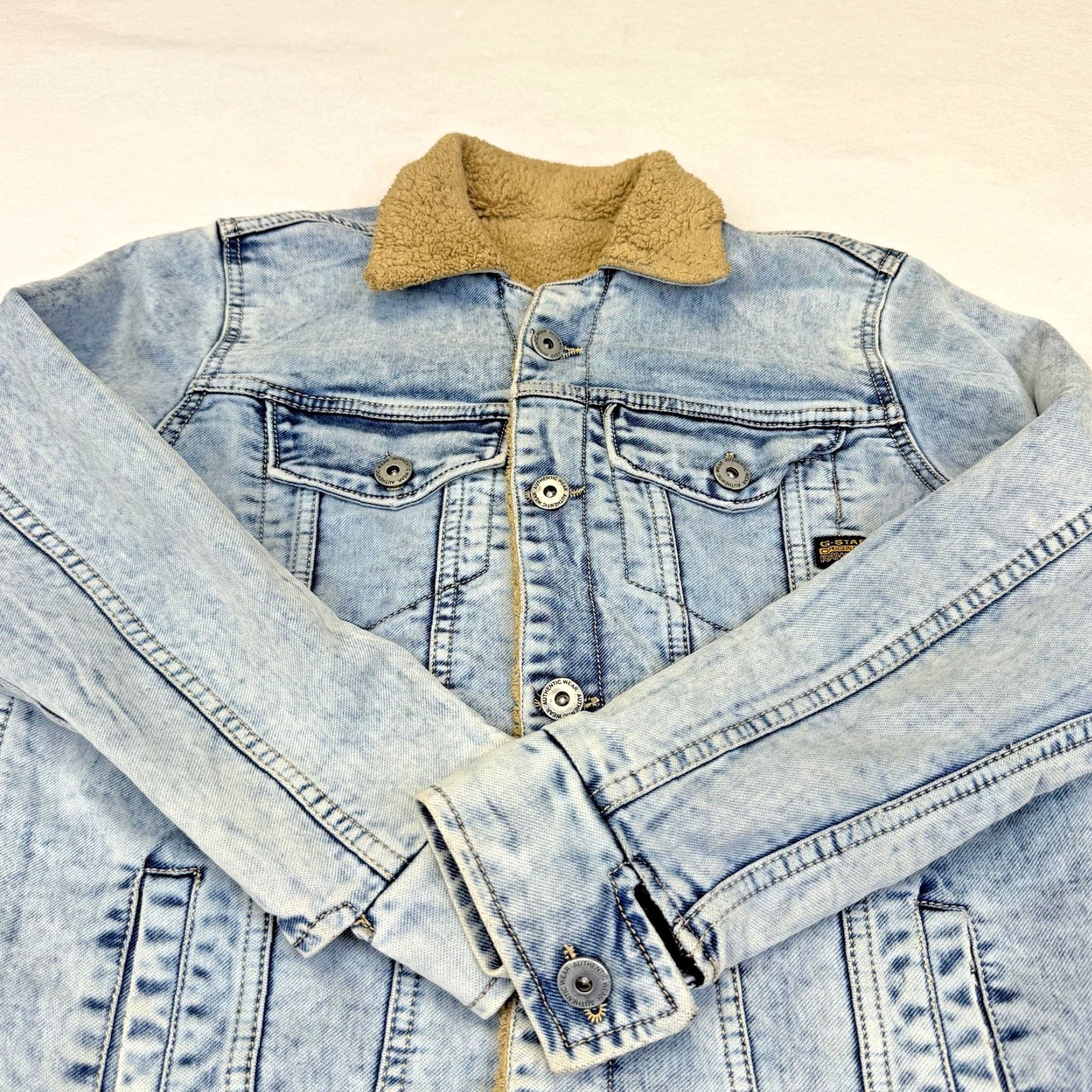 Vintage G-STAR RAW Jacket Mens M Blue Denim Trucker Sherpa Lined Bomber Jacket Winter Warm Insulated Collared Pockets Button Logo Regular Size US M / EU 48-50 / 2 - 4 Thumbnail