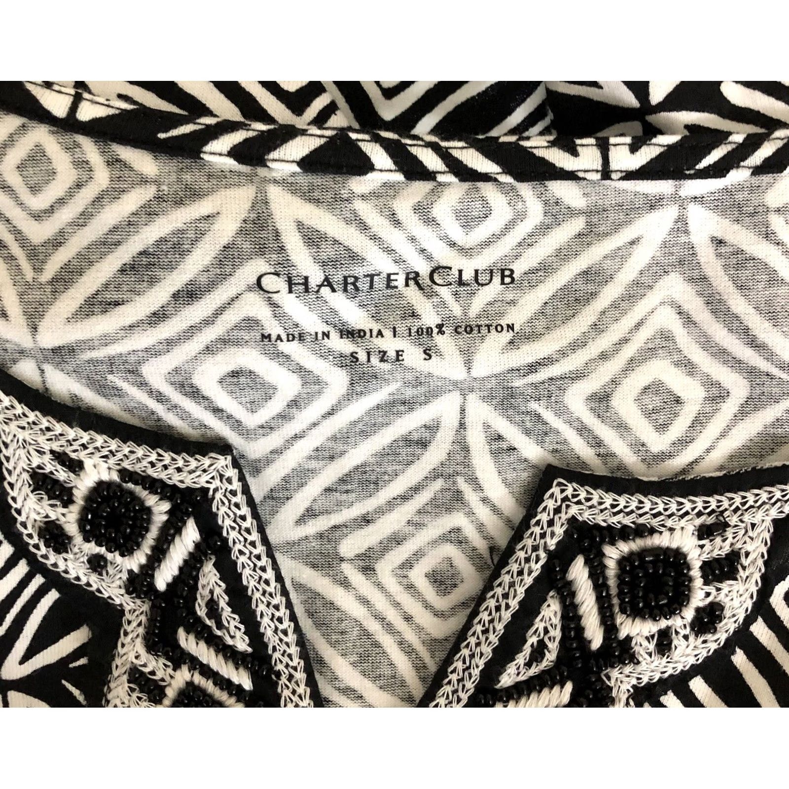 Charter Club Charter Club Geometric Geometric Kimono Tunic Top S Black White Abstract Art Beaded V-Neck Tribal Knit Shirt Womens S Size S / US 4 / IT 40 - 4 Thumbnail