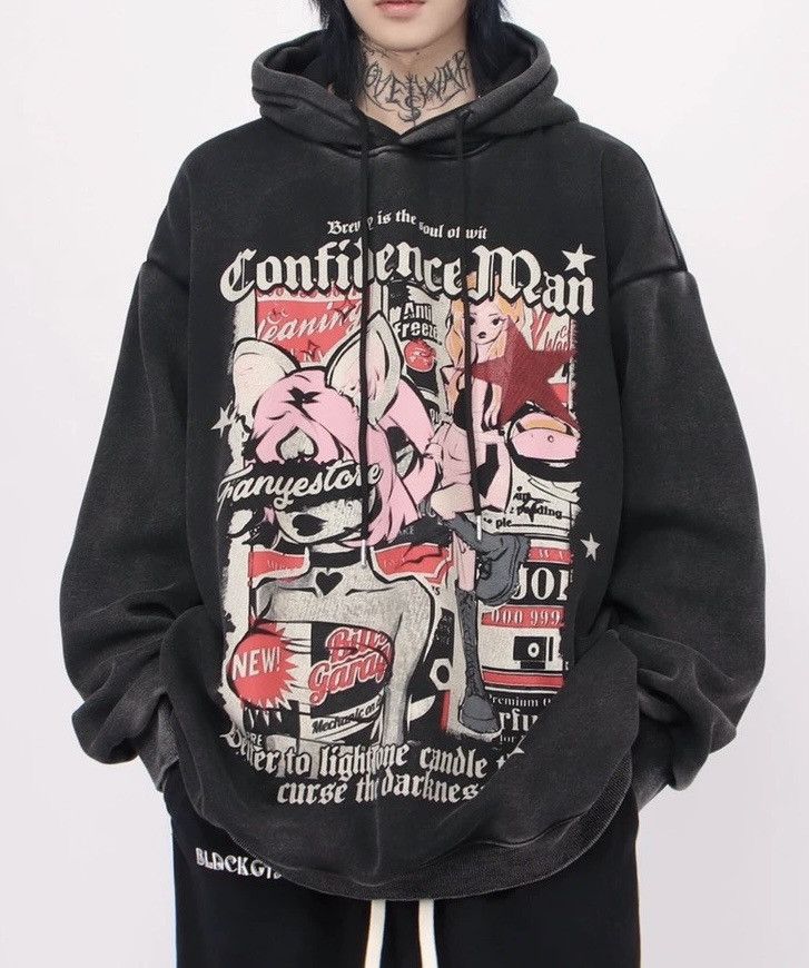 image of Vintage Retro Punk Cartoon Washed Hoodie Avant Garde in Black, Men's (Size XL)