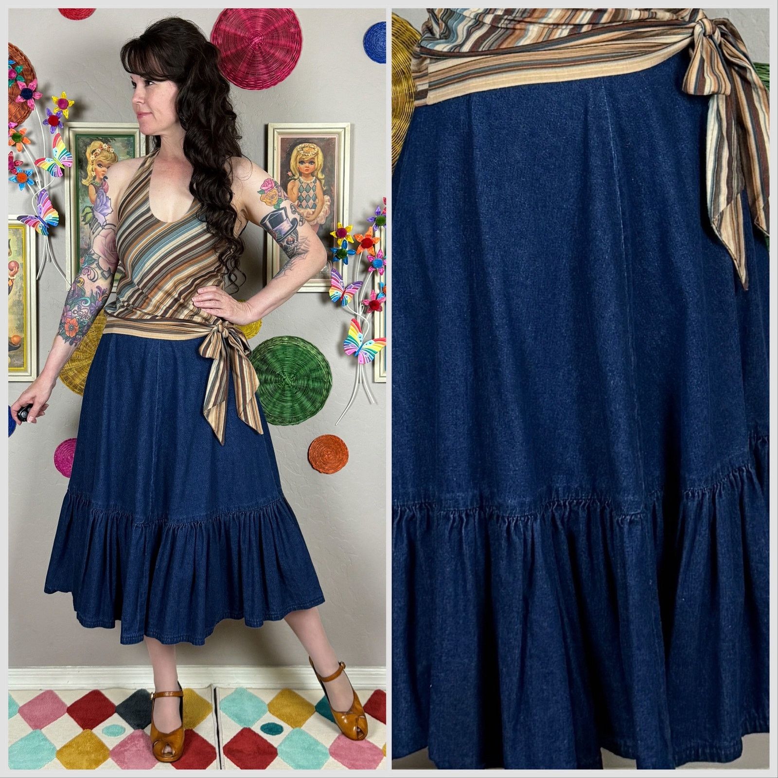 Vintage Vintage 1970s High Waist Dark Wash Ruffle Denim Midi Skirt Size 26" / US 2 / IT 38 - 1 Thumbnail