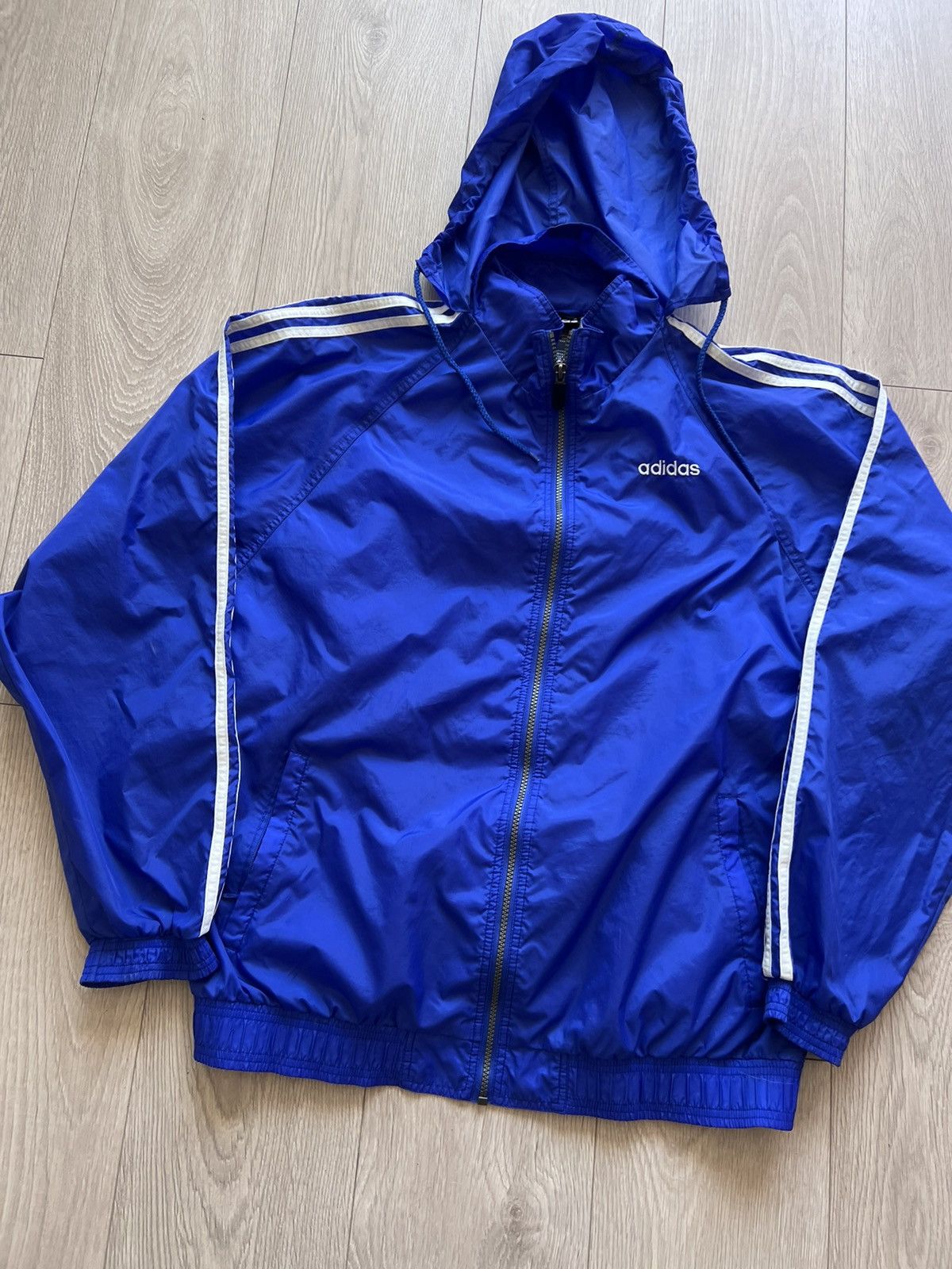 Adidas × Vintage Vintage 90s Adidas Windbreaker Light Track Jacket W / Hood Size US L / EU 52-54 / 3 - 5 Thumbnail