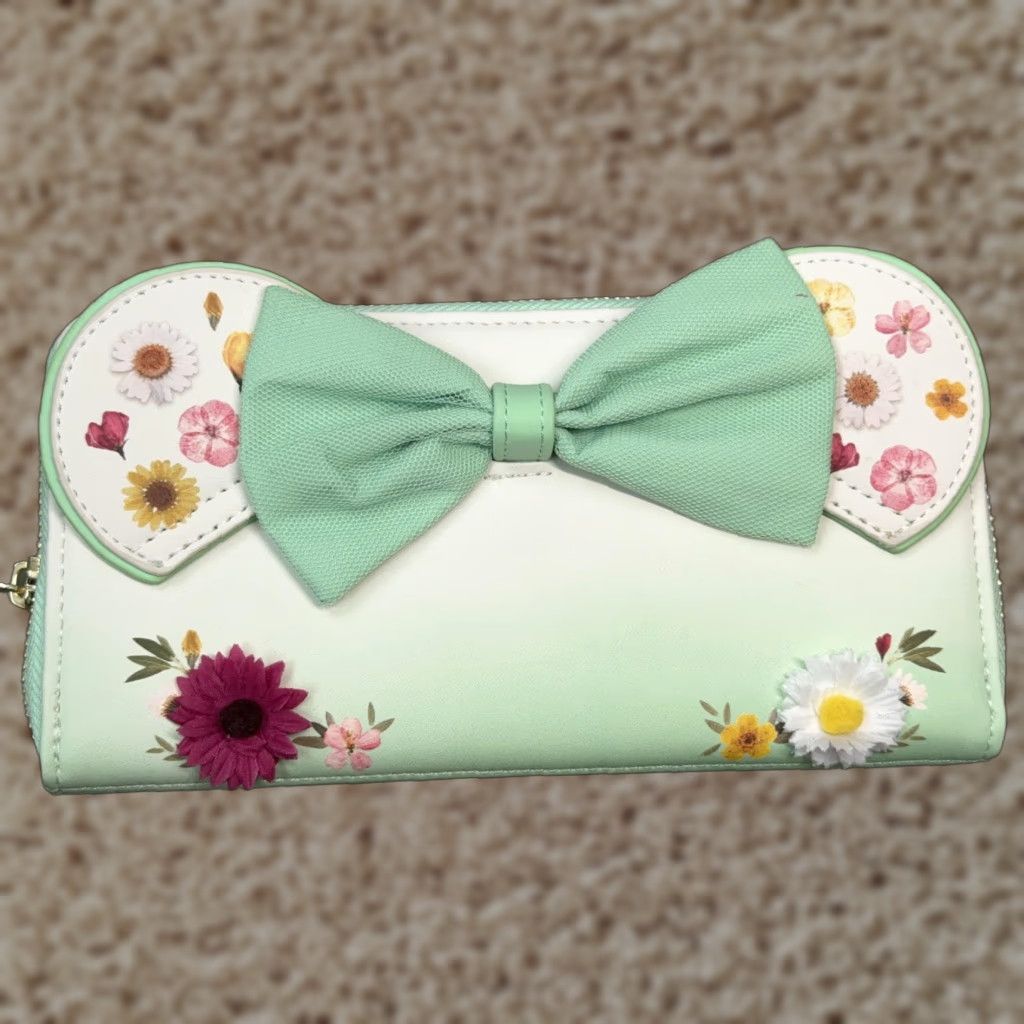 Disney Loungefly Mint Green Floral Bow Zip-Around Wallet Women One Size