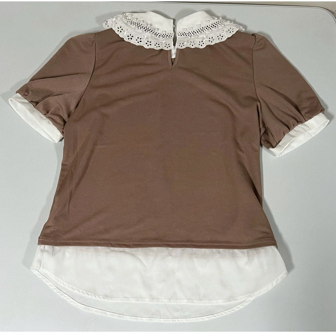 Vintage Lipslide Pearl Beaded Collared Layered Top Blouse Size S 🤎✨ Size S / US 4 / IT 40 - 6 Thumbnail