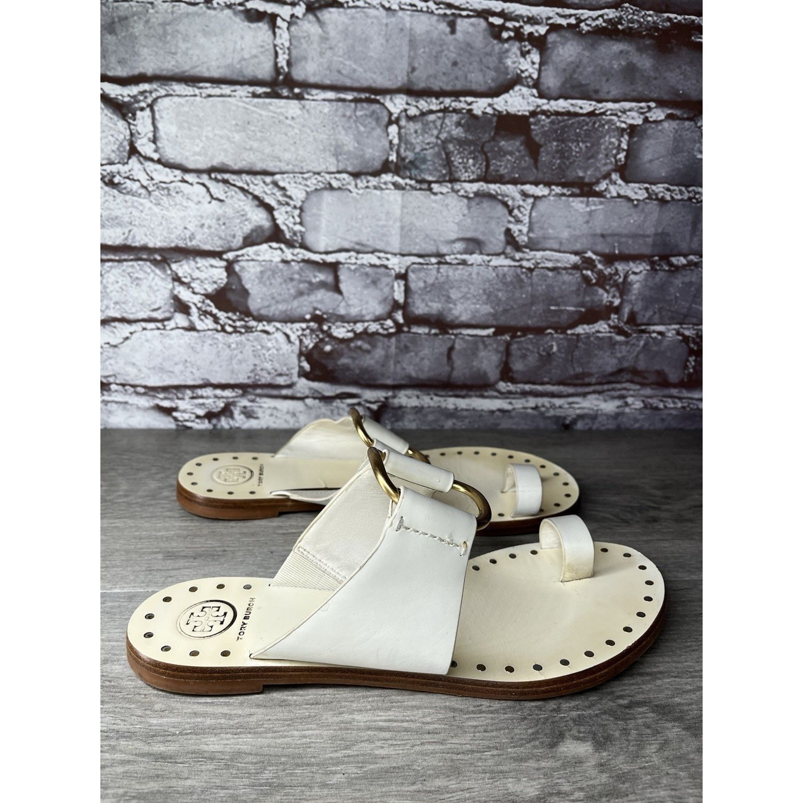 Tory Burch Tory Burch Ravello Studded White Leather Gold Rings Toe Post Size US 8 / IT 38 - 13 Thumbnail