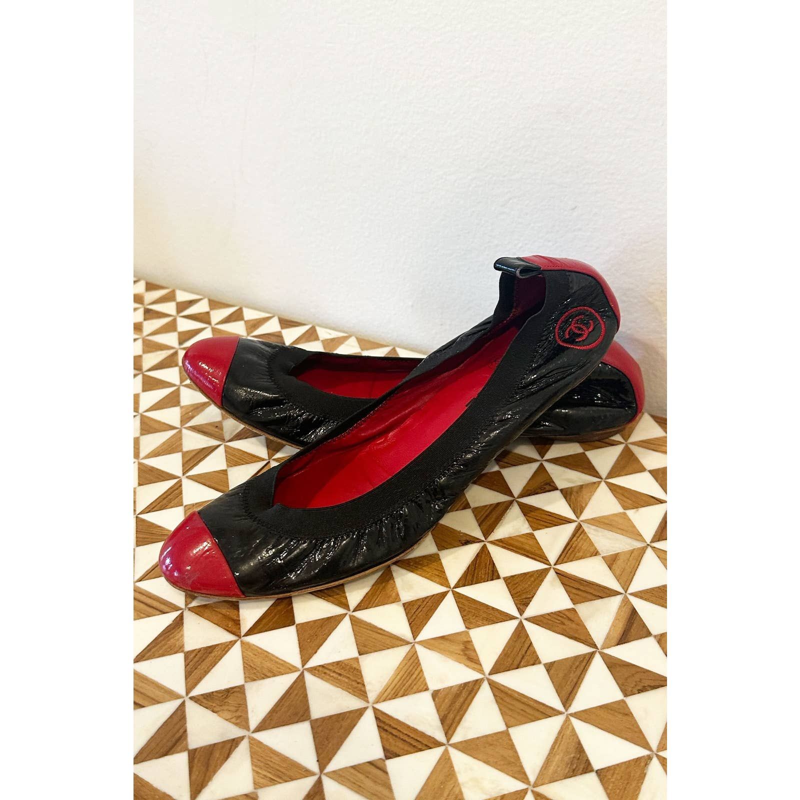 Chanel Vintage CHANEL Red + Black Stretch Spirit Logo Ballet Flats