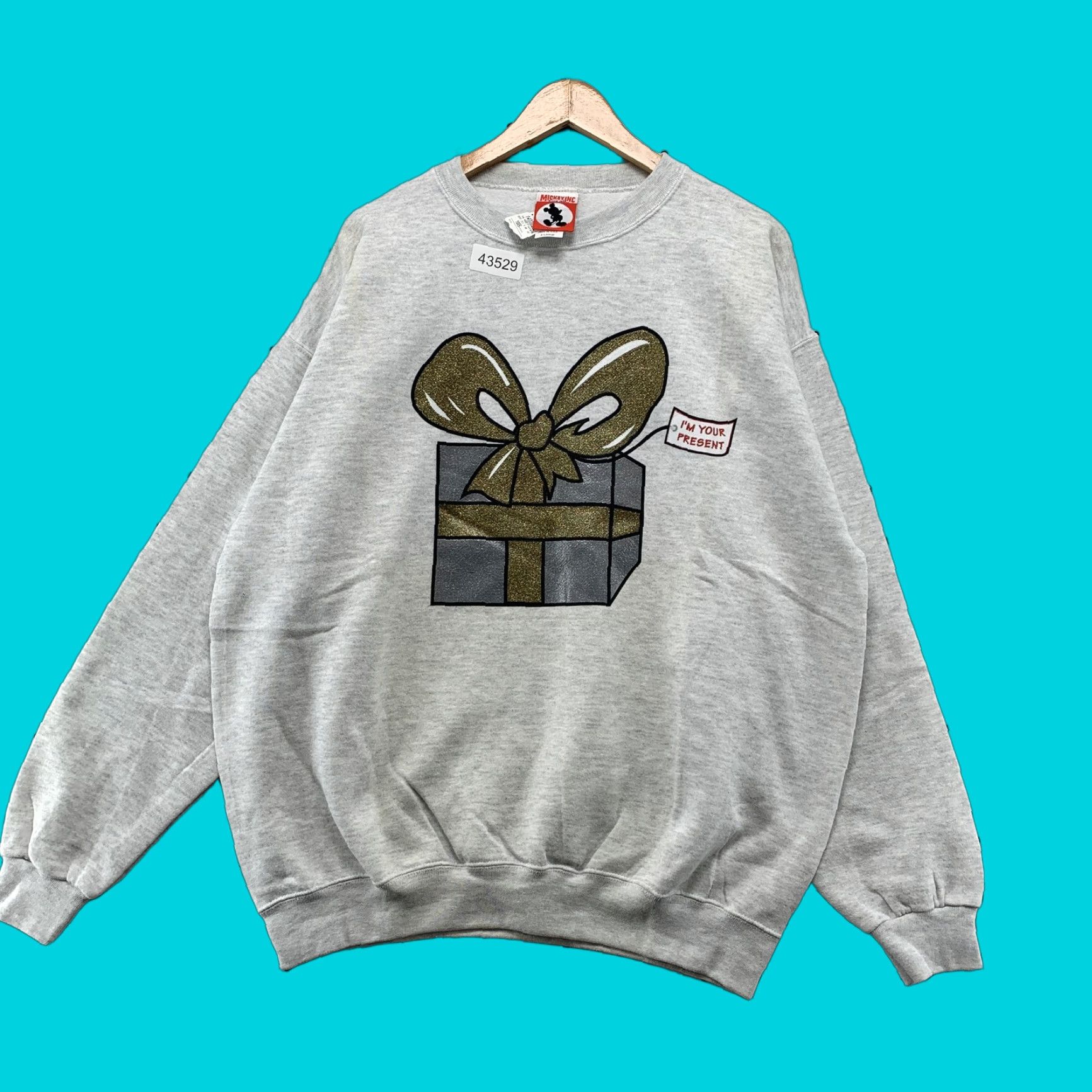 VINTAGE Mickey Mouse Present Gift Crewneck Sweatshirt Mens XL Gray Fleece Made in USA