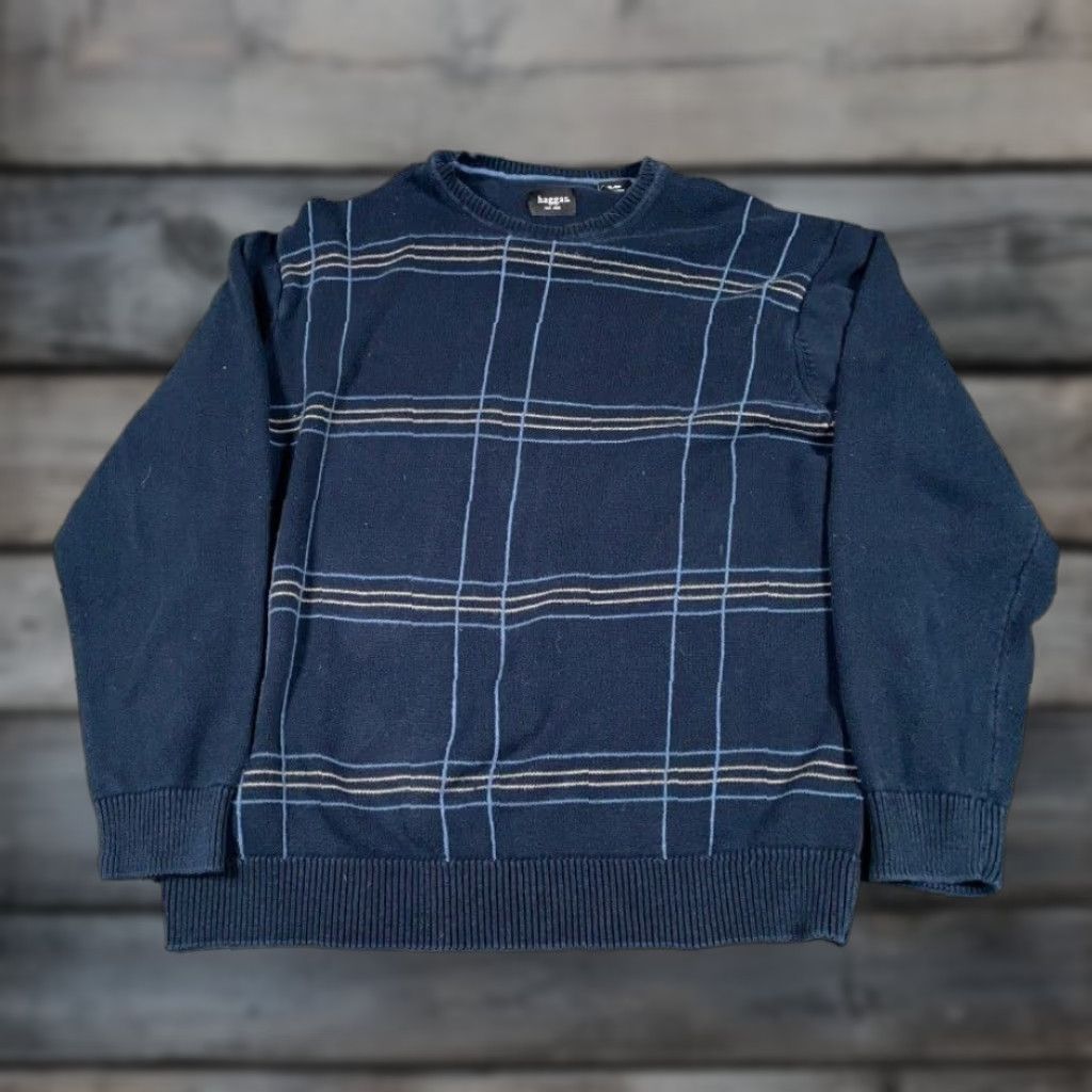 Haggar Retro Dad Style Grid Check Sweater Adult XL Dark Blue Cotton Knit Chunky Preppy Size US XL / EU 56 / 4 - 1 Thumbnail