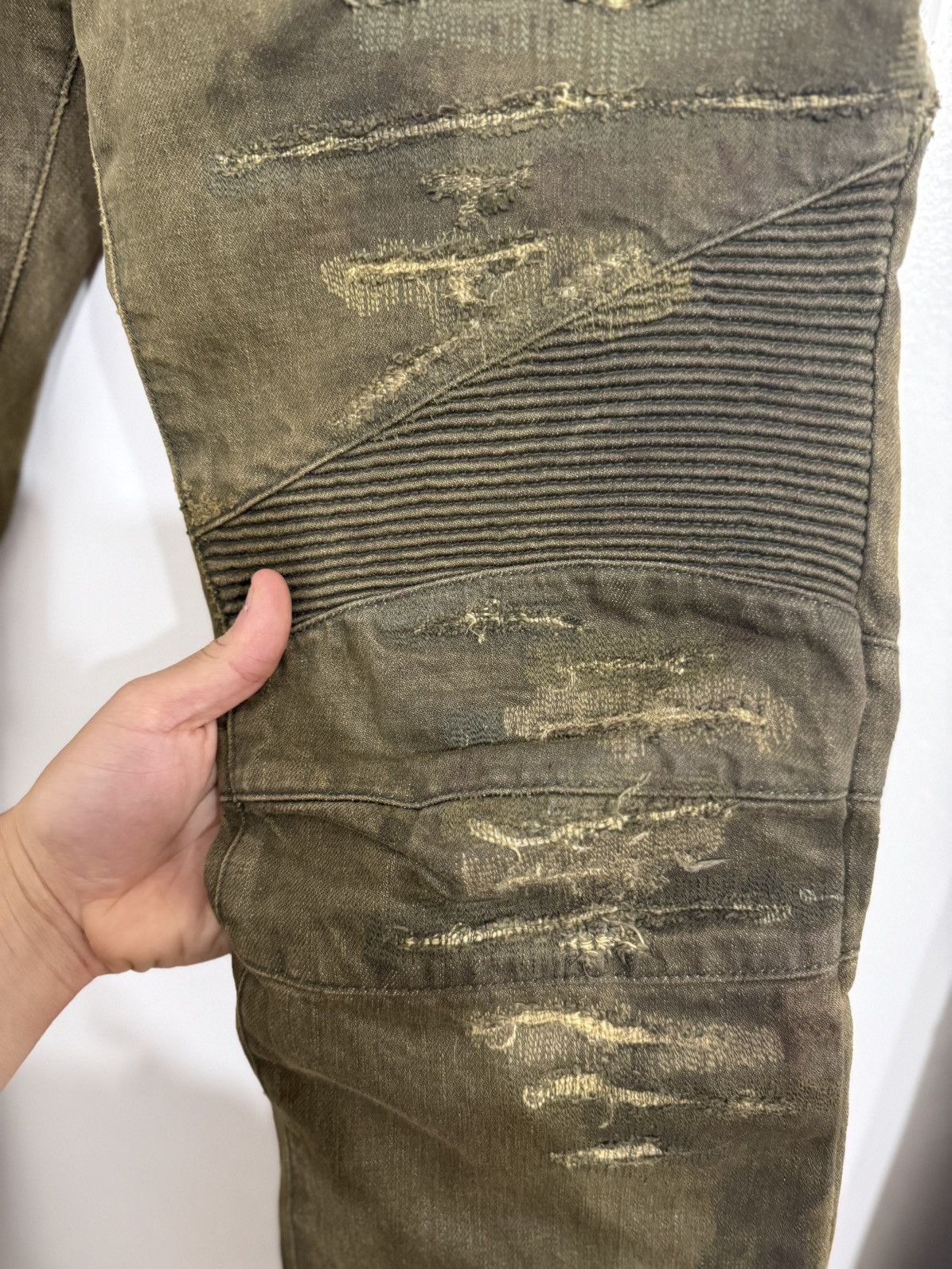 Balmain Olive Distressed Bikers *RARE* Size US 32 / EU 48 - 3 Thumbnail