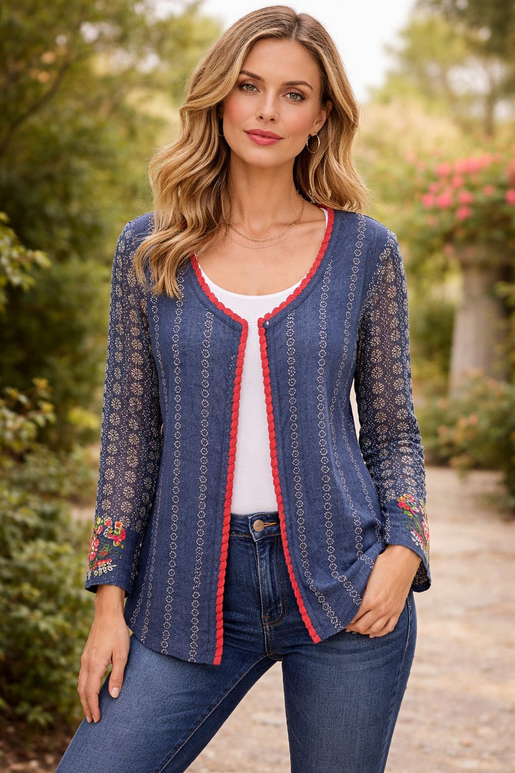 Other April Cornell Women Blue Cotton Floral Embroidered Cardigan Size S / US 4 / IT 40 - 1 Thumbnail