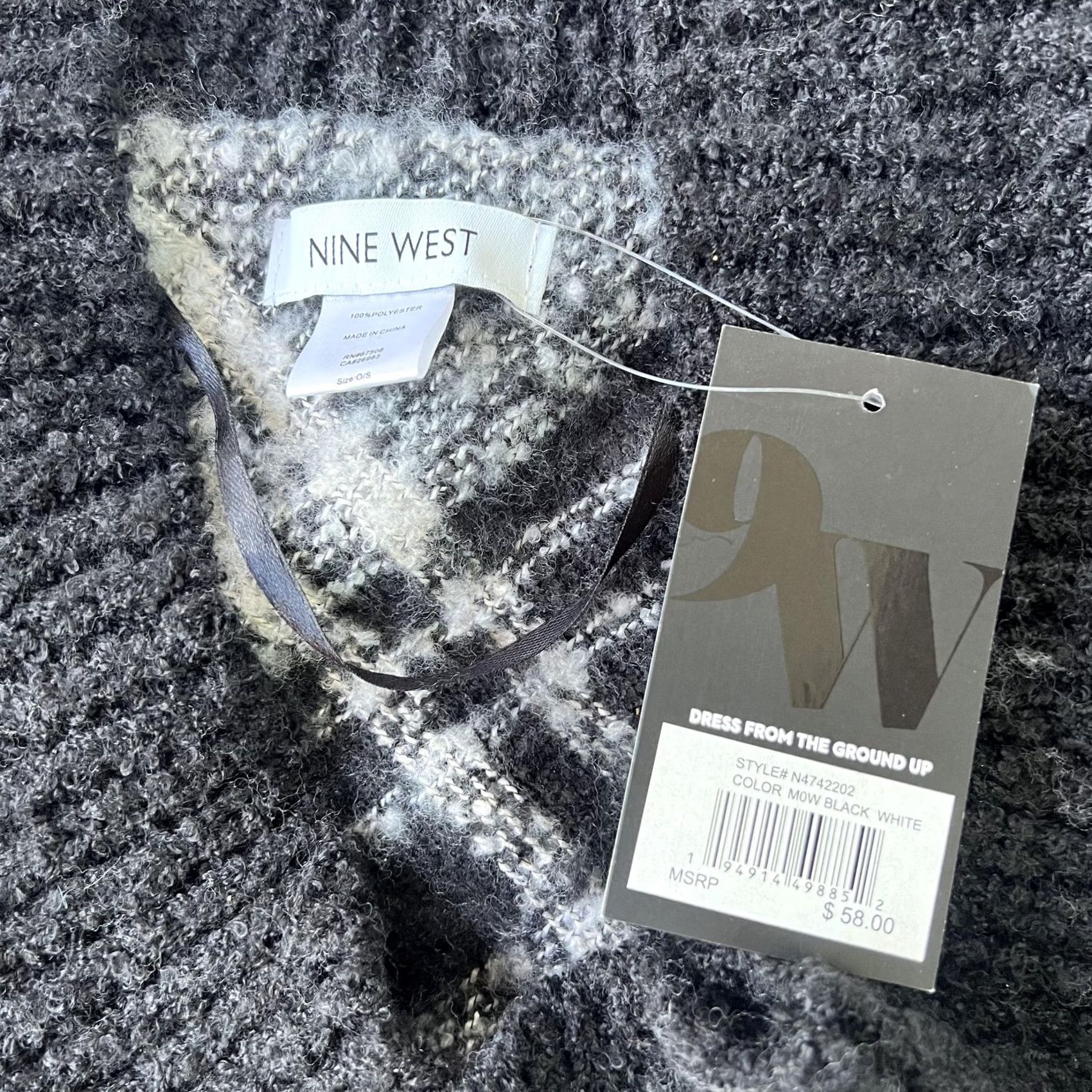 Nine West Nine West Poncho Womens One Size Black White Plaid Toggle Knit Fringe Shawl Size ONE SIZE - 3 Thumbnail