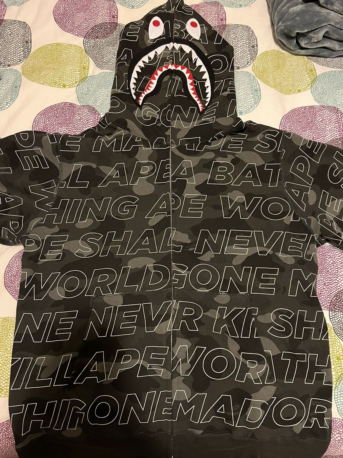 image of Bape Text Color Camo Shark Full Zip Hoodie in Black, Men's (Size Large)