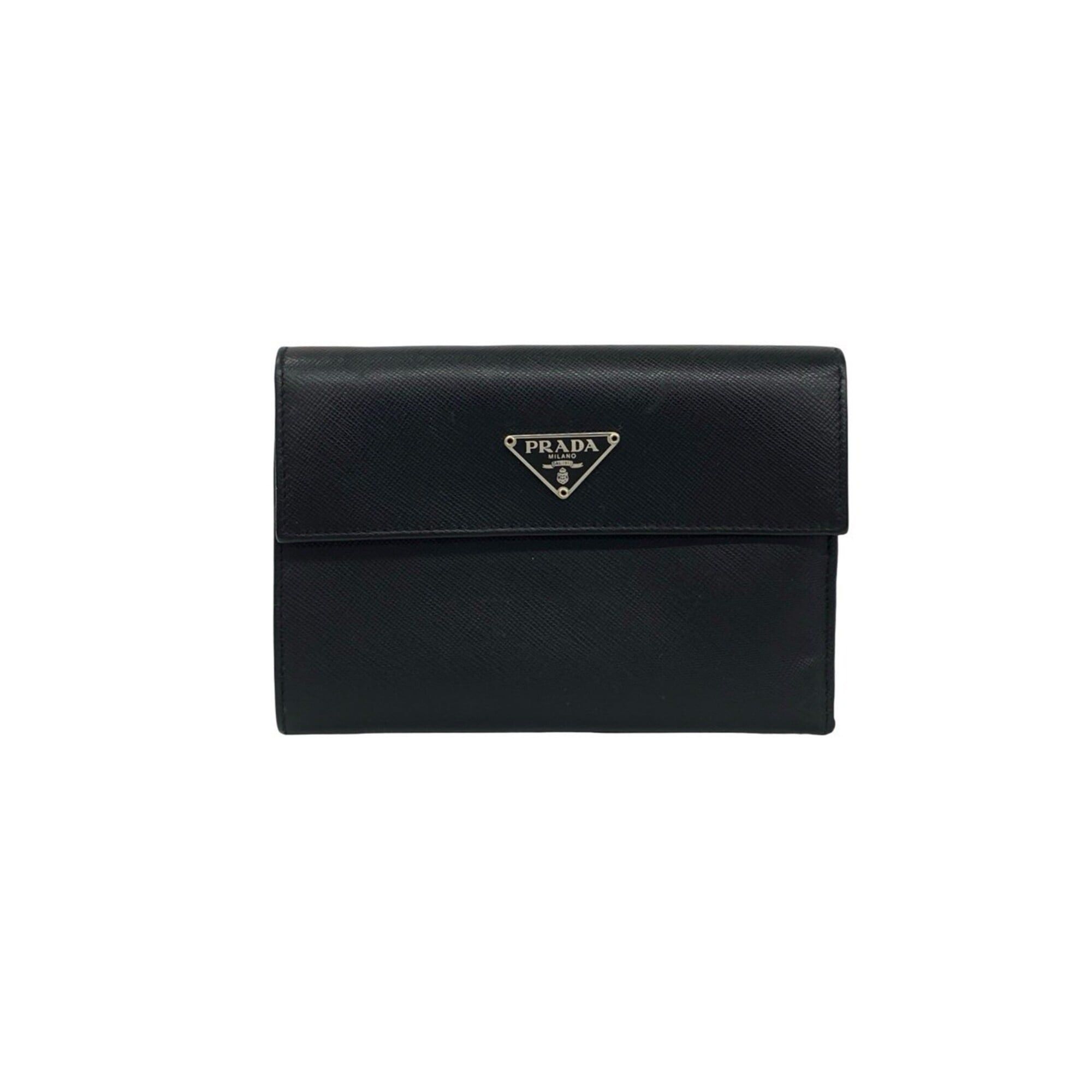 Prada PRADA Tri-fold Wallet with Triangle Logo Hardware, Saffiano Leather, Genuine Billfold, Coin Purse, Black, 40548 Size ONE SIZE - 1 Thumbnail