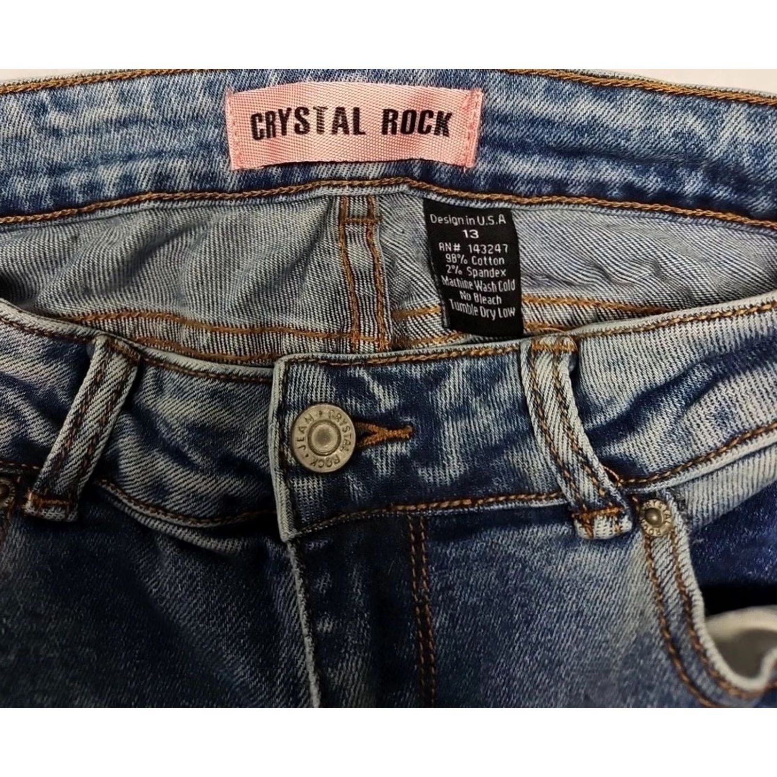 Vintage Crystal Rock Skinny Jeans Juniors 13 Women Denim Blue Light Wash Distressed Raw Hem Stretch Mid Rise Regular Inseam 26 in Button Zip 26W Size 34" / US 12 / IT 48 - 7 Thumbnail