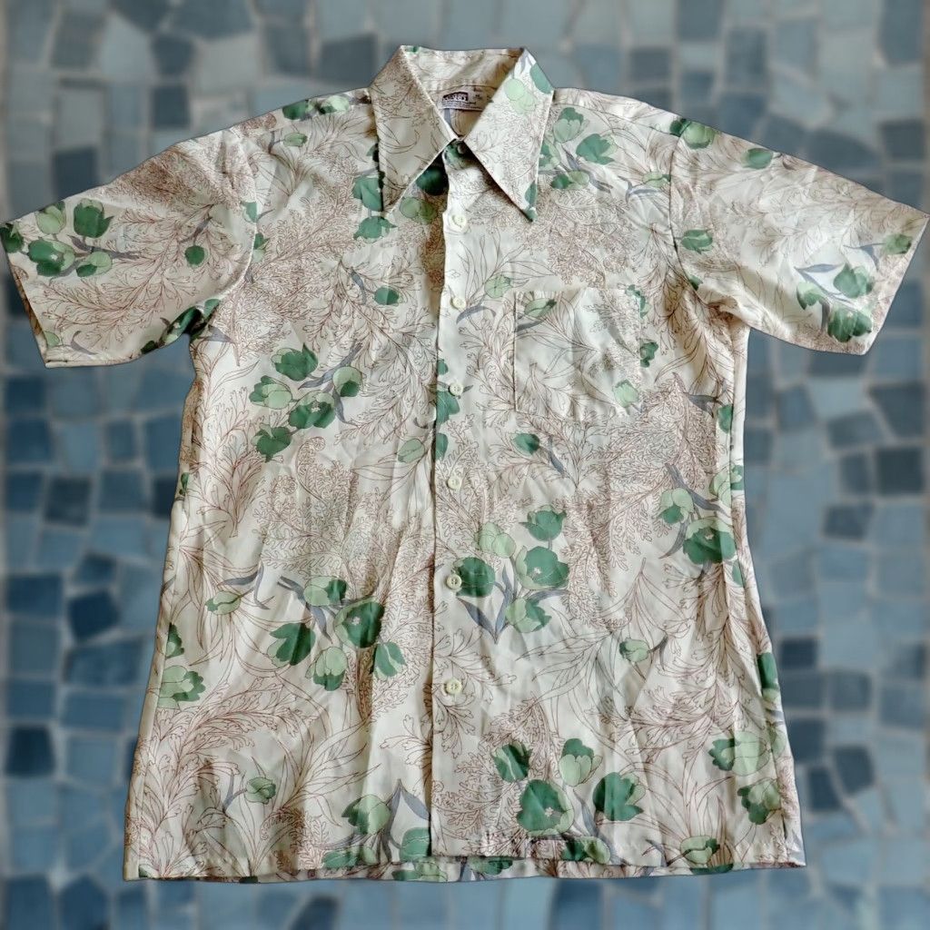 Vintage Montgomery Ward Mens M Floral Leaf AOP Shirt 70s Vintage Disco Rockabilly Big Collar Size US M / EU 48-50 / 2 - 1 Thumbnail