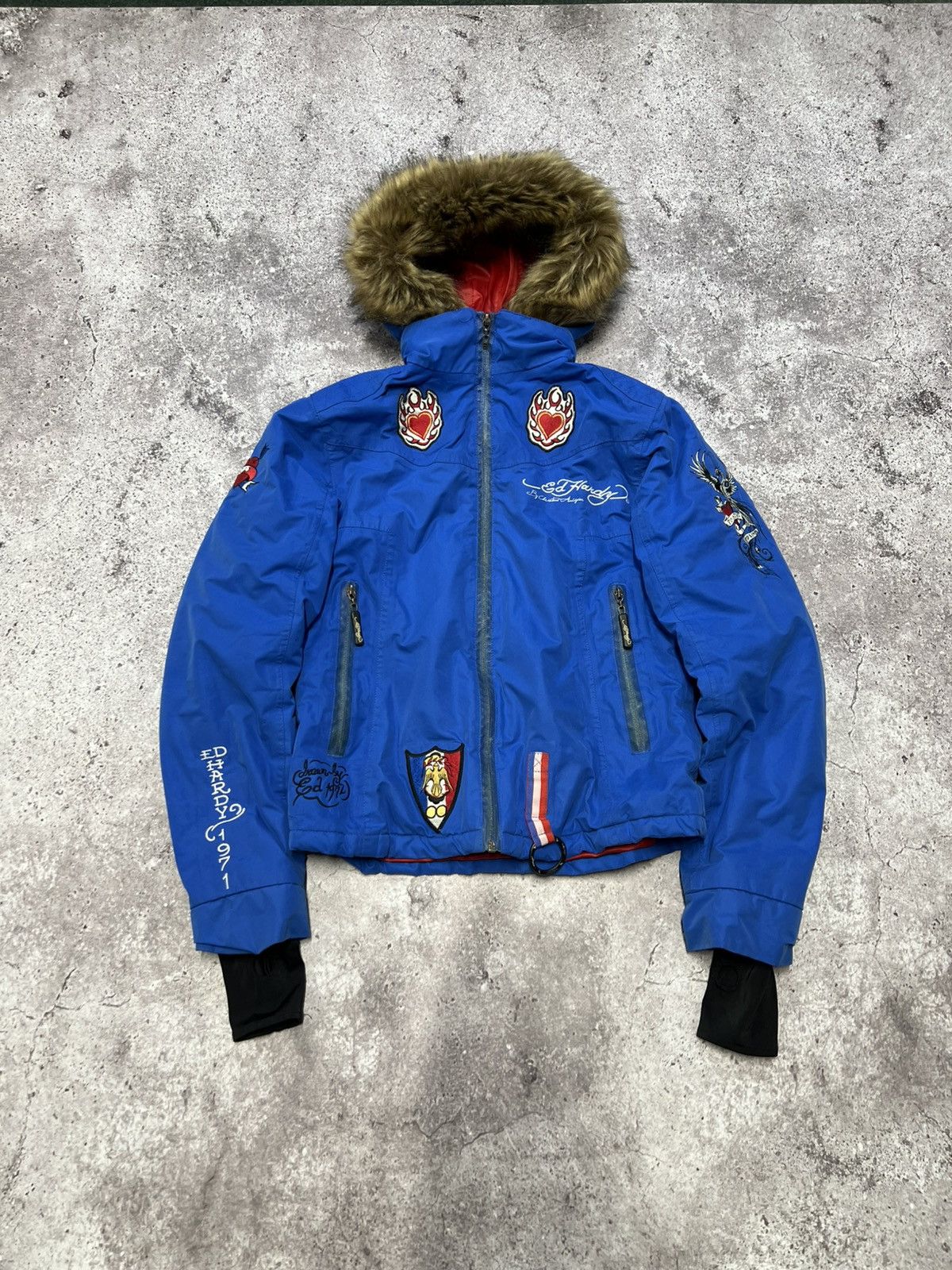 Ed Hardy Ed Hardy by Christian Audigier Embroidered Fur Bomber Jacket Size M / US 6-8 / IT 42-44 - 1 Thumbnail