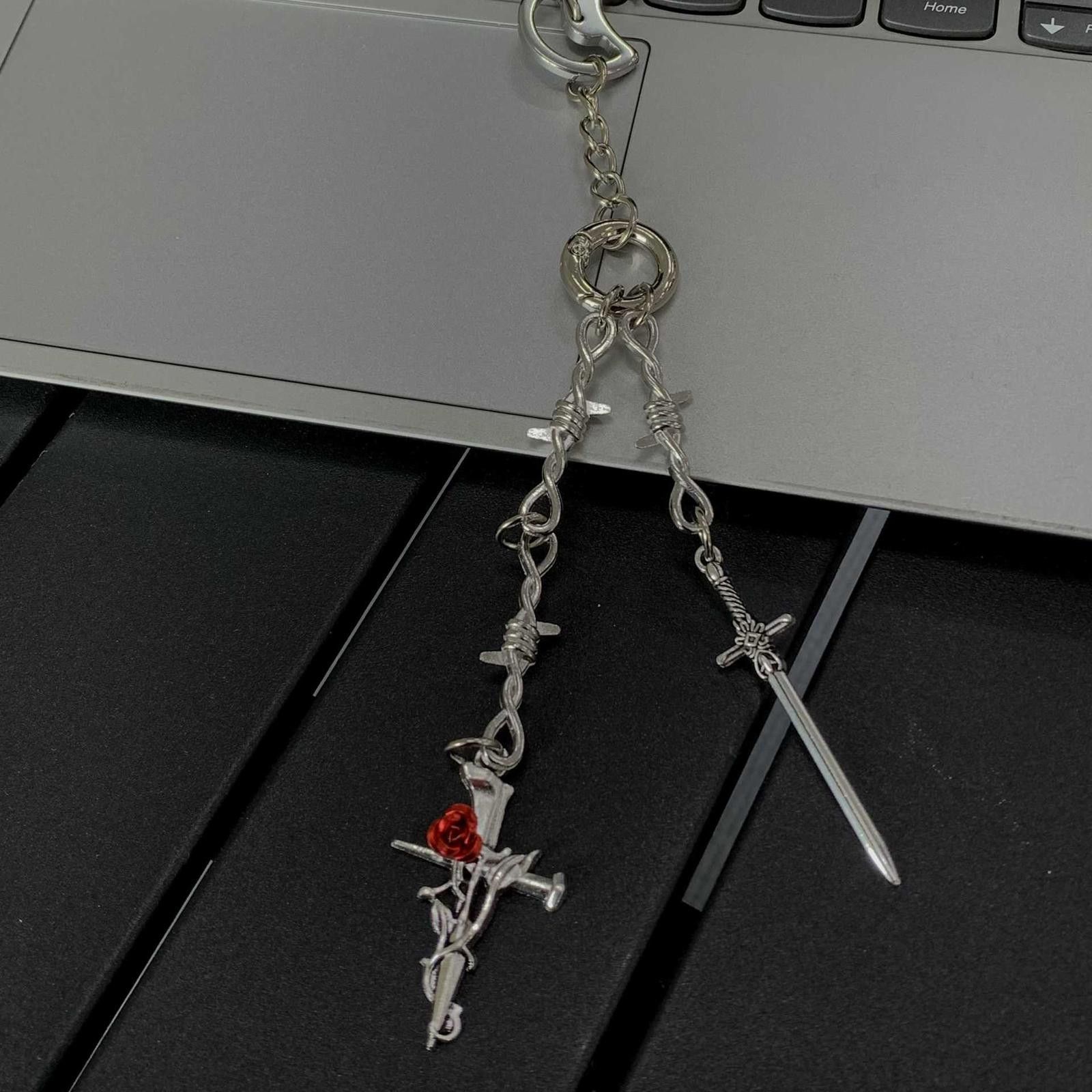 Other Silver Sword and Rose Cross Keychain, Gothic Charm Size ONE SIZE - 4 Thumbnail