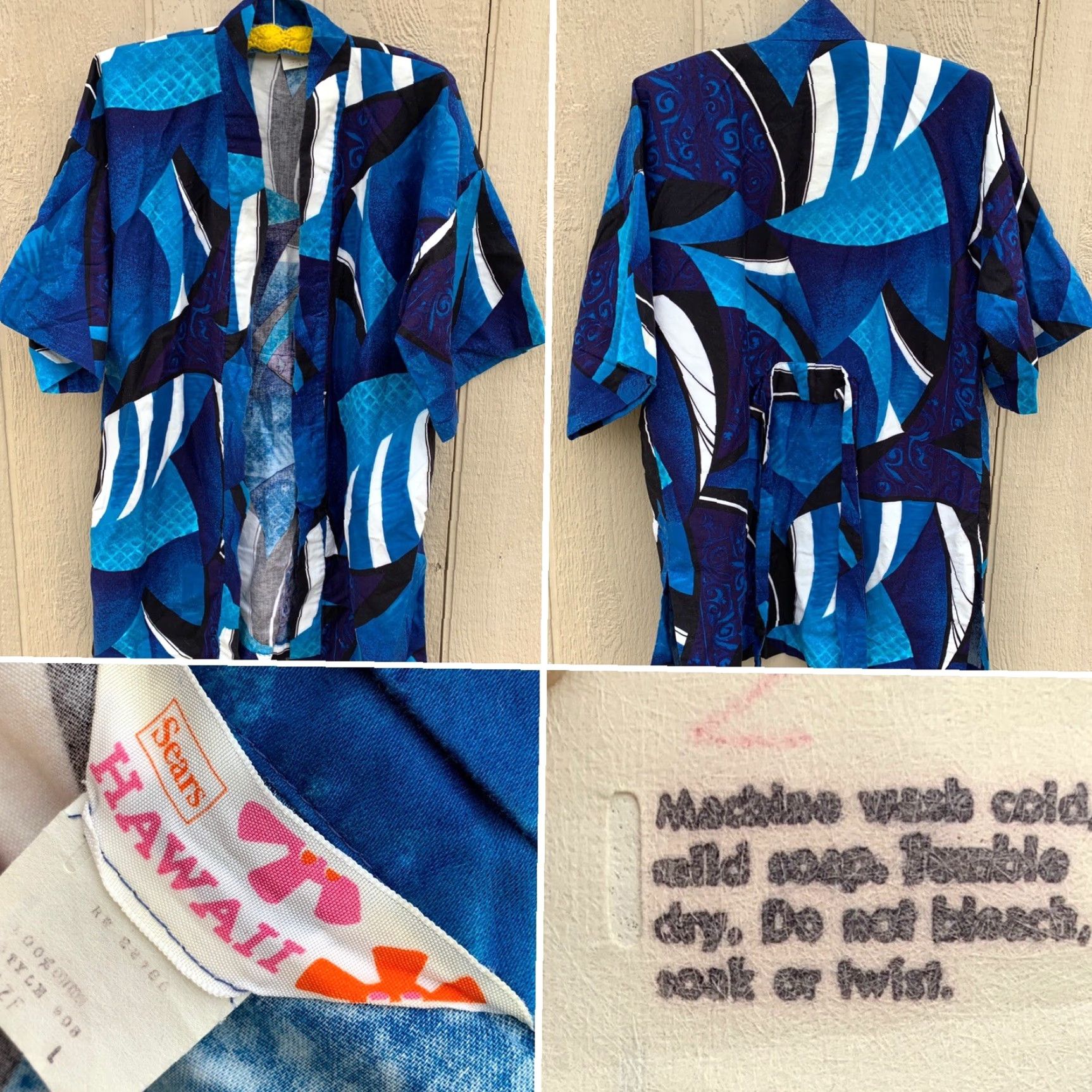 Sears VINTAGE Sears Hawaii Hawaiian Kimono Robe Cover Up L 100% Cotton Blue Beach Sportswear/Beach Size ONE SIZE - 4 Thumbnail