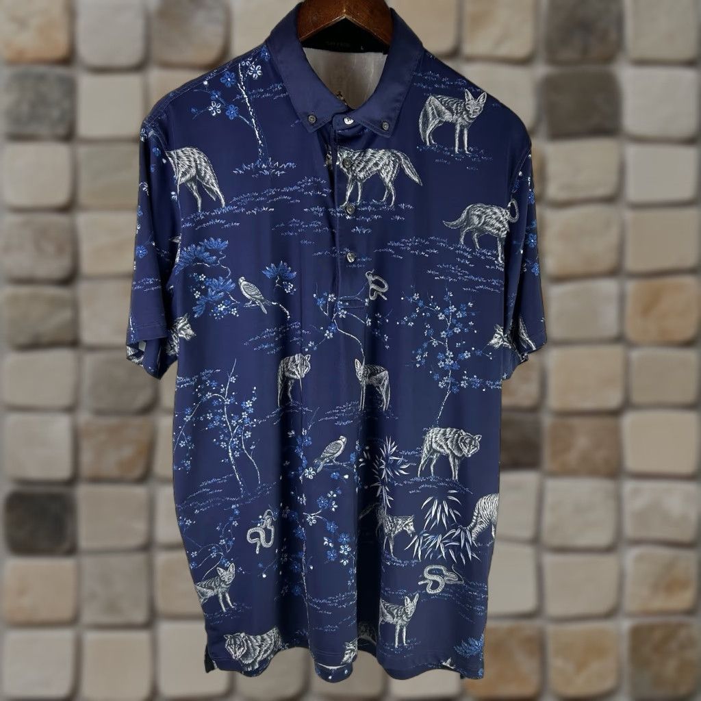 Greyson Golf Shirt Men's Large Blue Wolf Print Polo