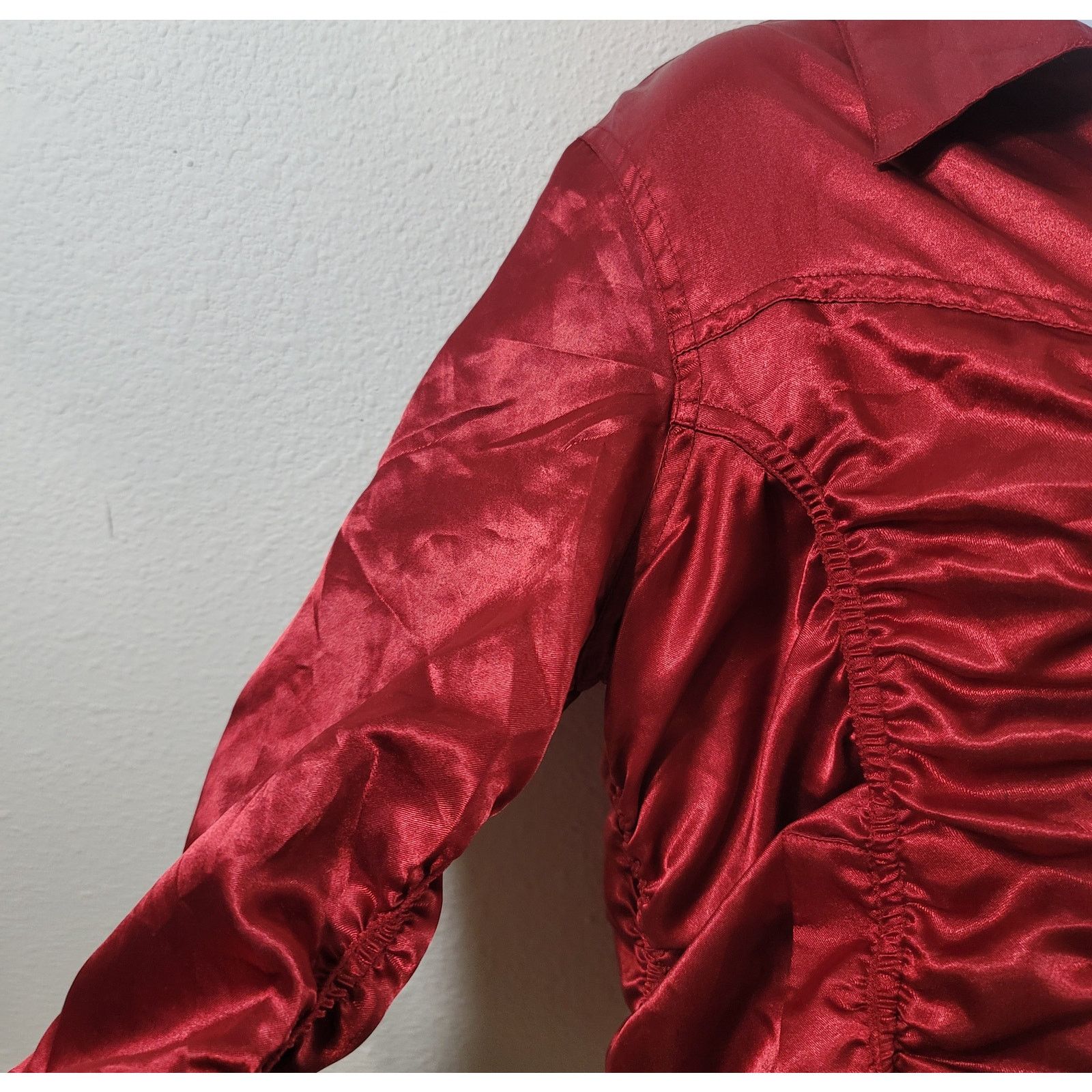 Other Overdrive Red Satin Ruched Full Zip Collard Jacket Large Size L / US 10 / IT 46 - 6 Thumbnail