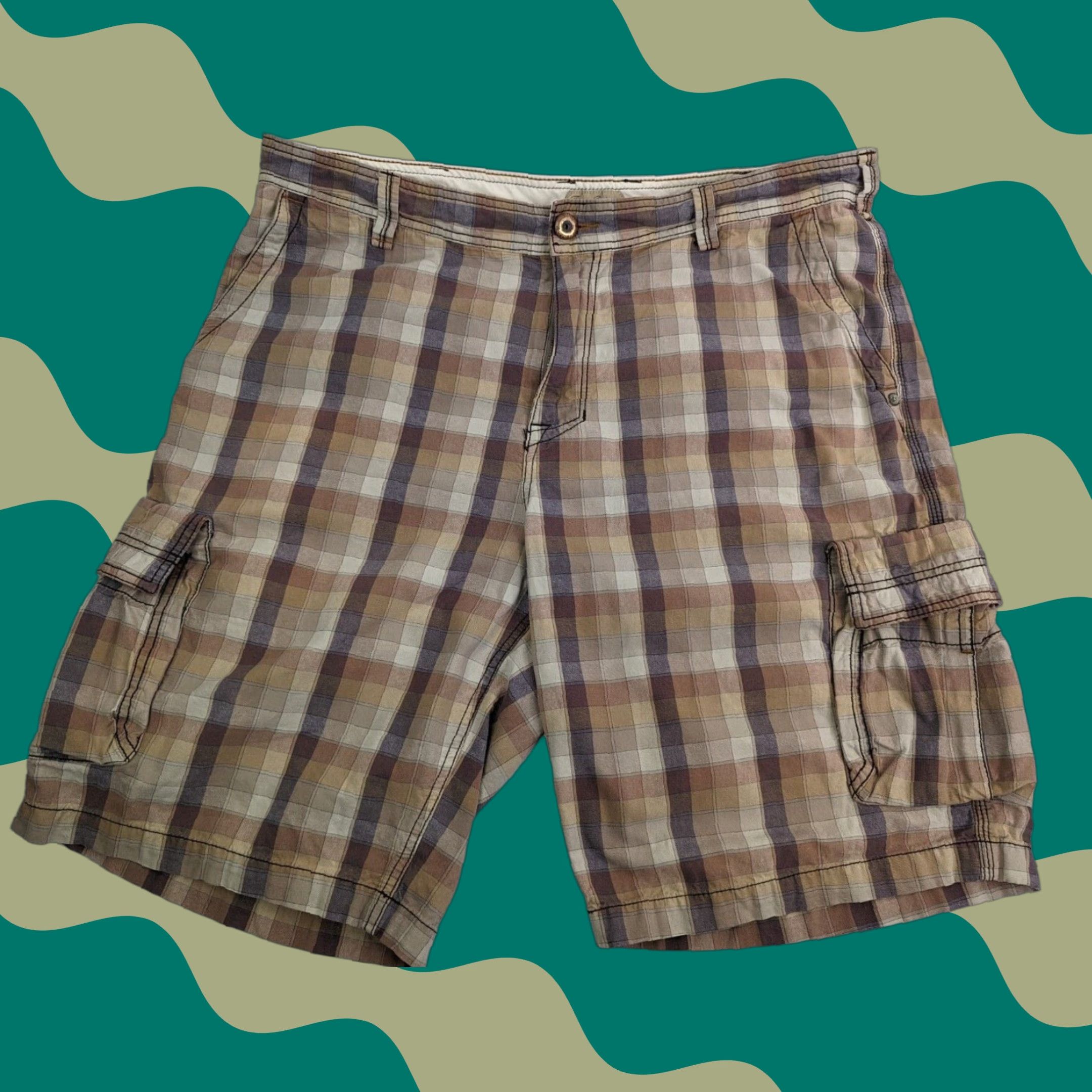Tommy Bahama Tommy Bahama Cargo Shorts Men 38 Beige Brown Orange Plaid 100% Cotton Outdoors Easy Care Relaxed Cargo Pocket Casual Beach Early 90s? Size US 38 / EU 54 - 1 Thumbnail