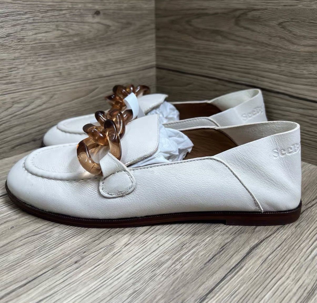 See by Chloe See By Chloe Beige Crystal Chain Loafers J41 Size US 6 / IT 36 - 1 Thumbnail