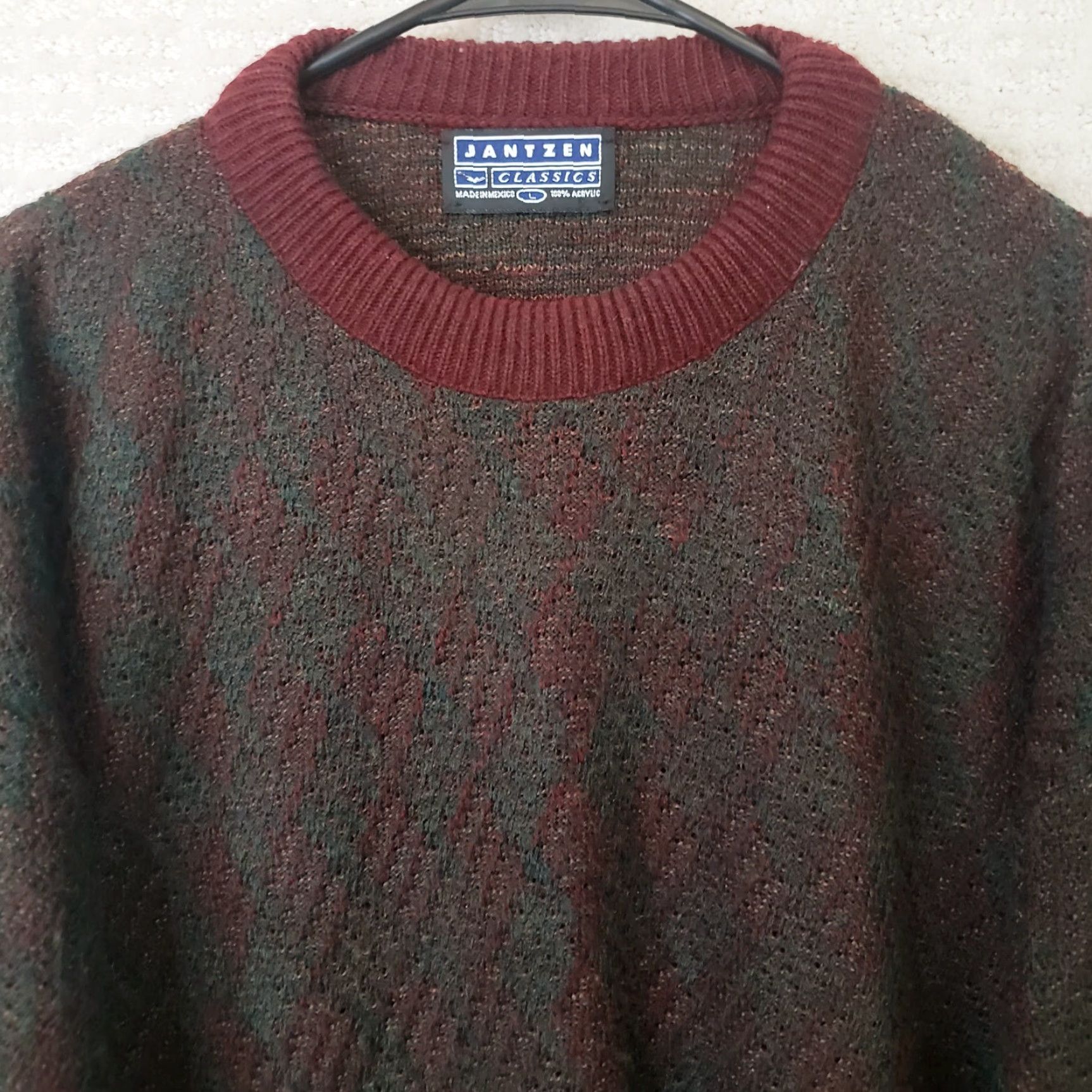 Jantzen VINTAGE Jantzen Sweater Mens L Crewneck Geometric Textured Maroon Brown Acrylic Knit Pattern Cosby Grandpa 00s Y2k Classic Pullover Size US L / EU 52-54 / 3 - 3 Thumbnail