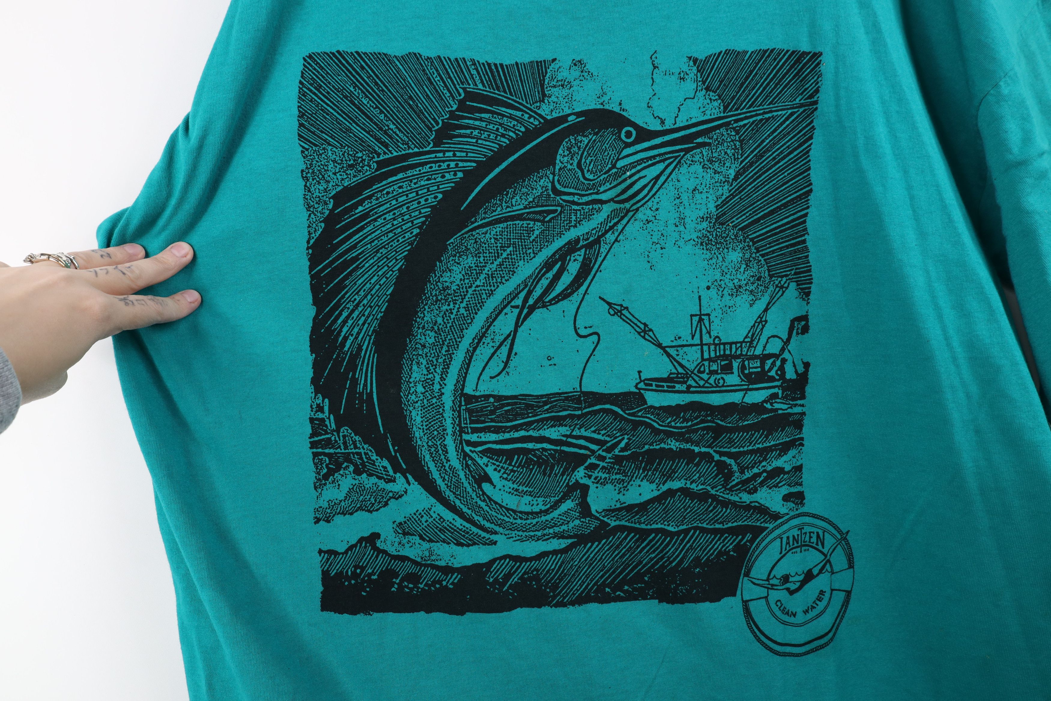 Vintage Vintage 90s Streetwear Fishing Short Sleeve T-Shirt Teal USA Size US XXL / EU 58 / 5 - 4 Thumbnail