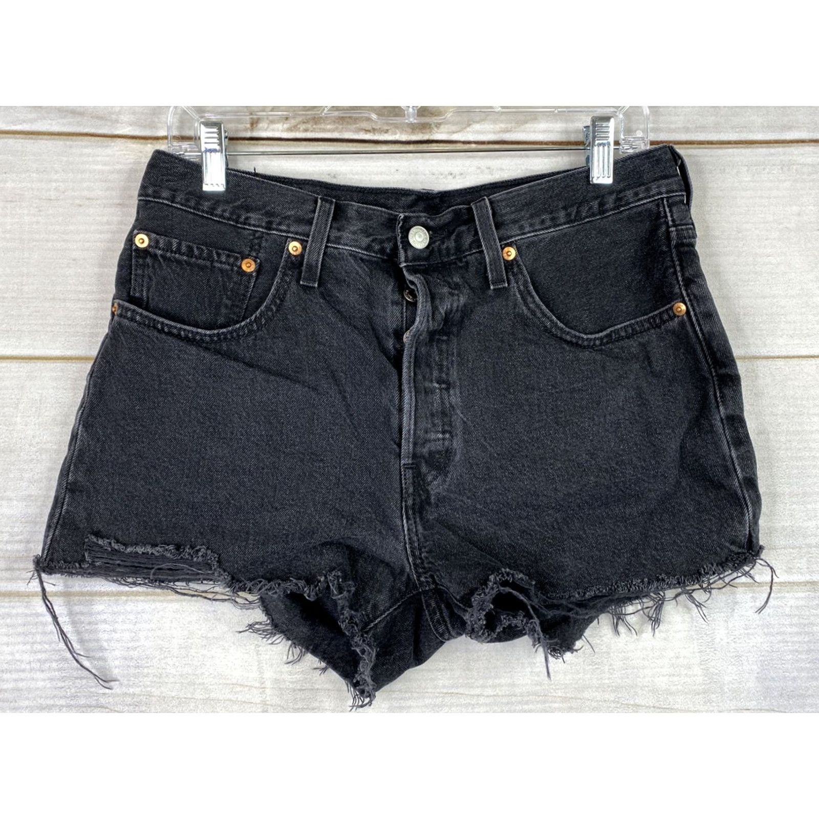 Levi's Levi’s 501 Jean Shorts Womens Sz 30 Black Cut Off Shortie Button Fly Fringe Logo Denim Shorts Slim Fit Reg Regular Womens Size 30" / US 8 / IT 44 - 2 Thumbnail