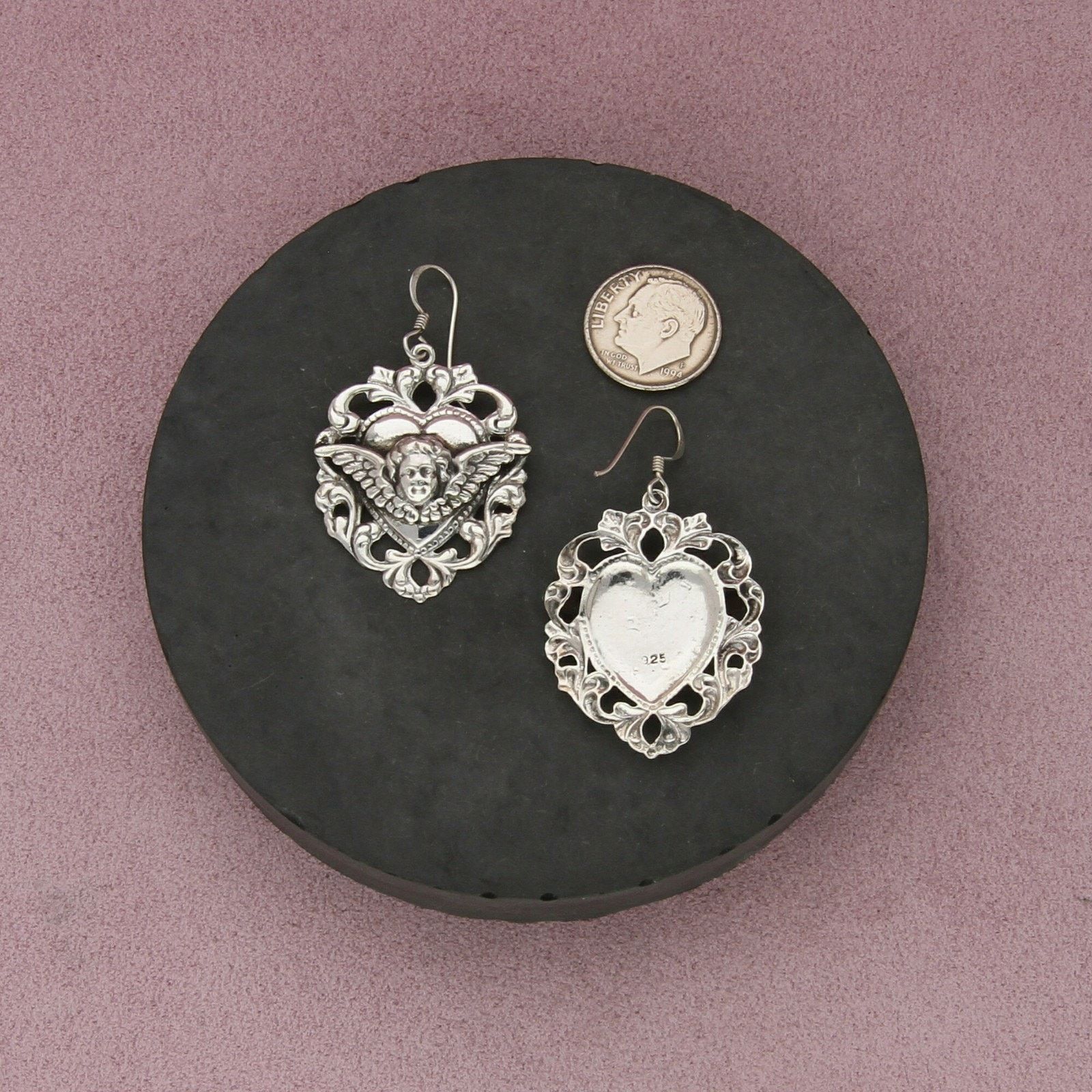 Sterling Silver sterling silver cherub angel scroll heart dangle earrings Size ONE SIZE - 2 Thumbnail