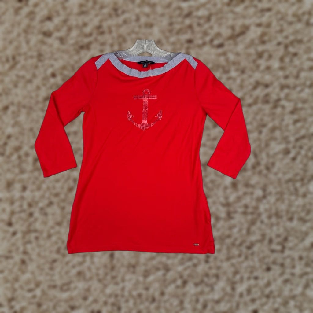 Tommy Hilfiger TOMMY HILFIGER Shirt Women XS Red Striped 3/4 Sleeve Boat Neck Cotton Casual Rhinestone Size XS / US 0-2 / IT 36-38 - 1 Thumbnail