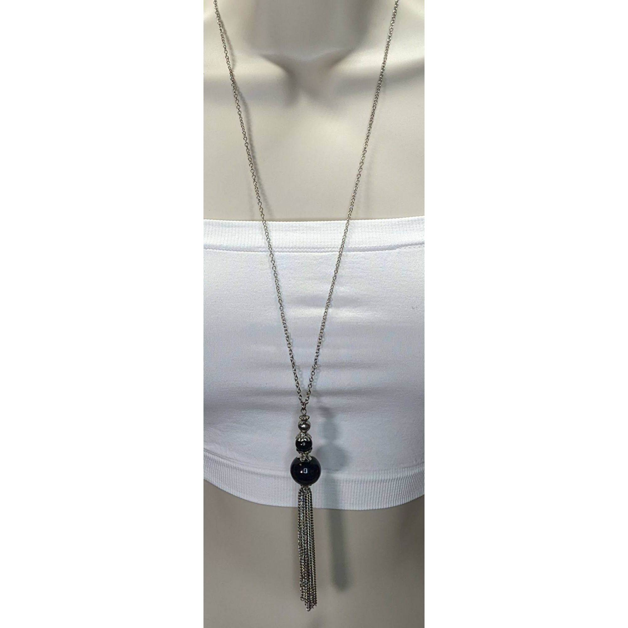 Other Boho Gothic Silver-Tone Chain Necklace With Black Beads & Ta Size ONE SIZE - 1 Thumbnail