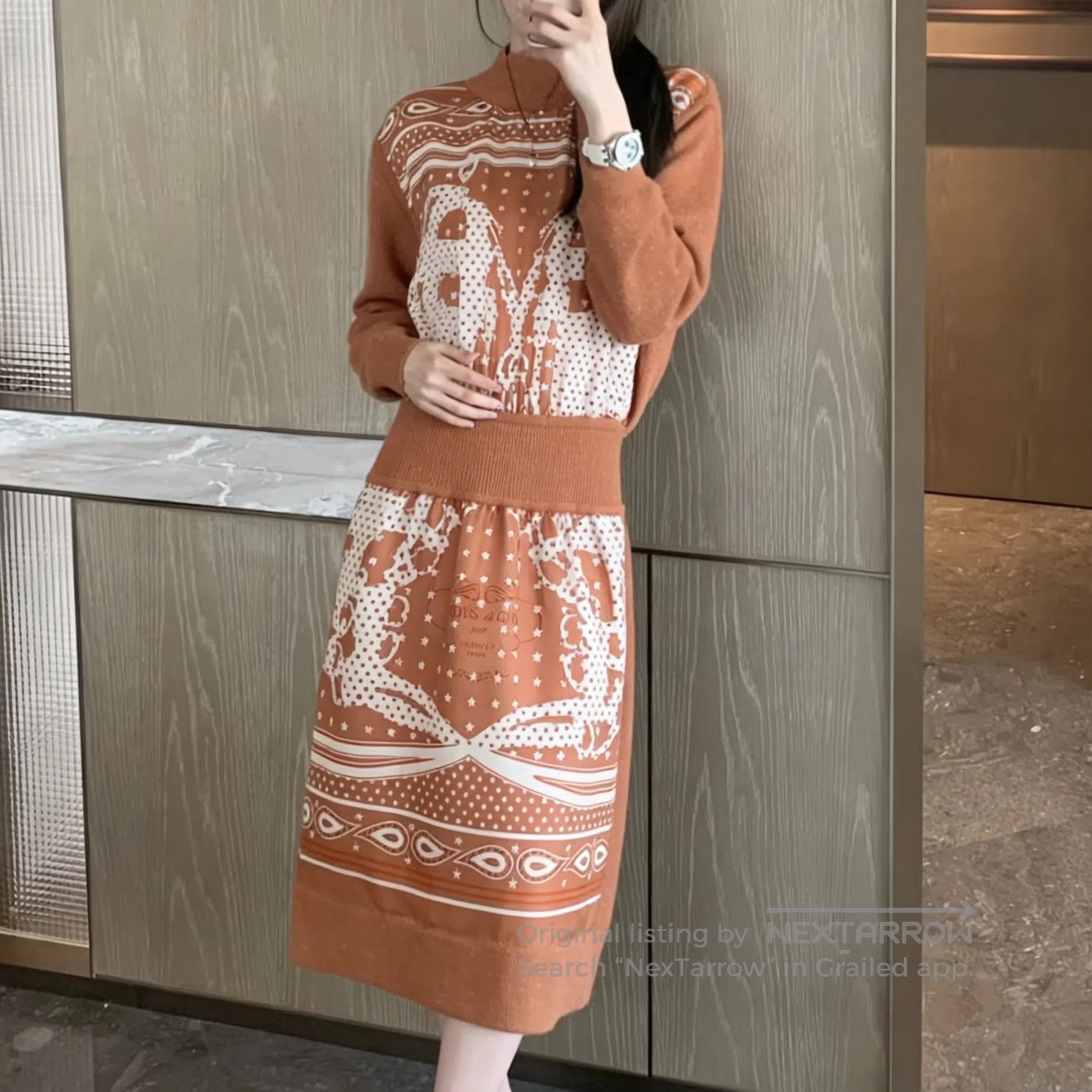 Hermes Hermes Caramel High Neck Long Sleeve Knit Dress| Size XXS / US 00 / IT 34 - 7 Thumbnail