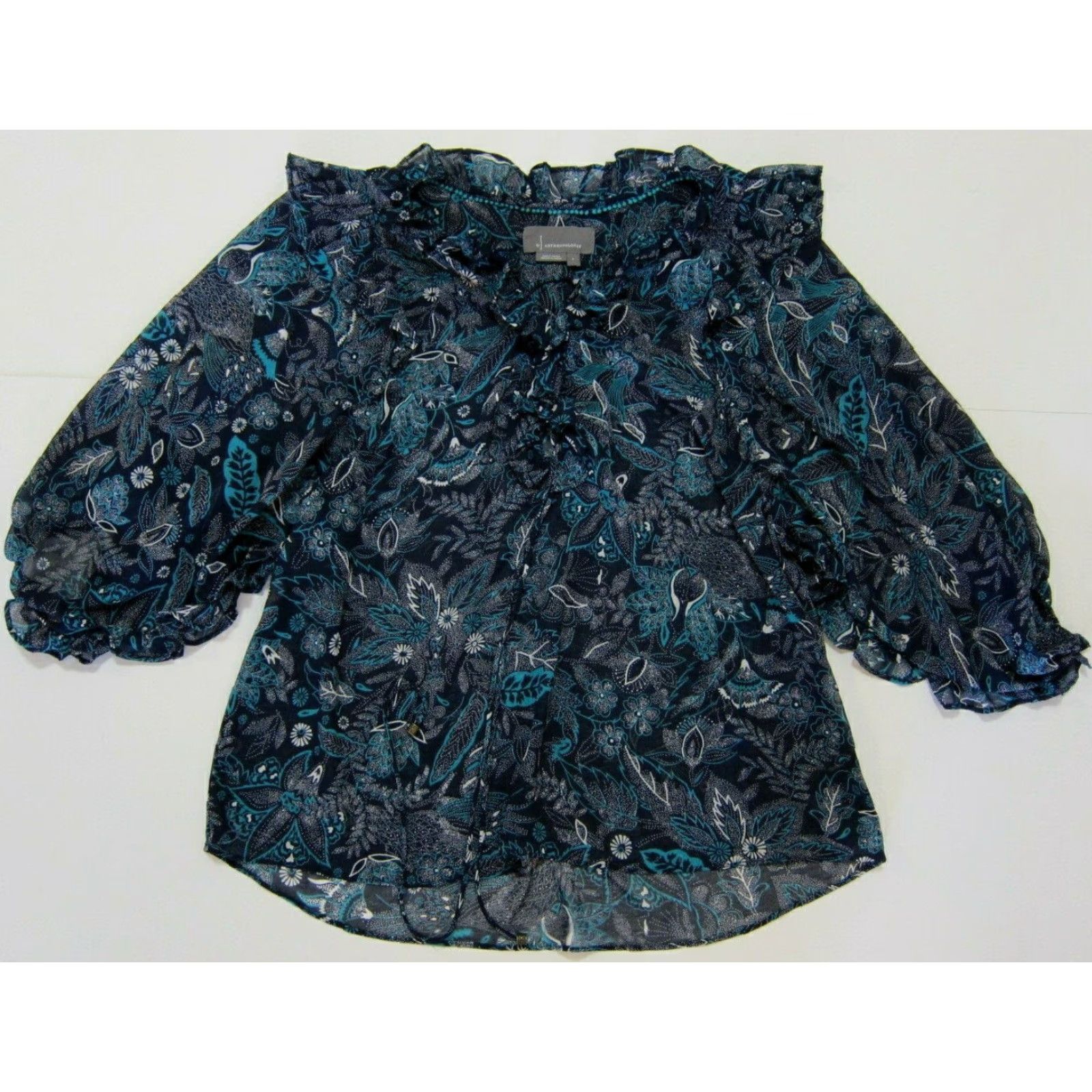 Anthropologie Anthropologie Blue White Floral Paisley Silky Sheer Peasant Blouse Women Small Size S / US 4 / IT 40 - 5 Thumbnail