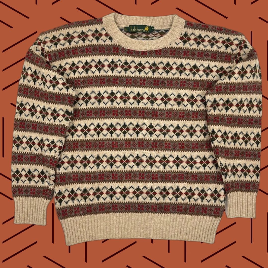 Vintage VINTAGE Tulchan Sweater Womens Sz 40 Fair Isle Striped Brown Pure New Wool Crew Pullover Size S / US 4 / IT 40 - 1 Thumbnail